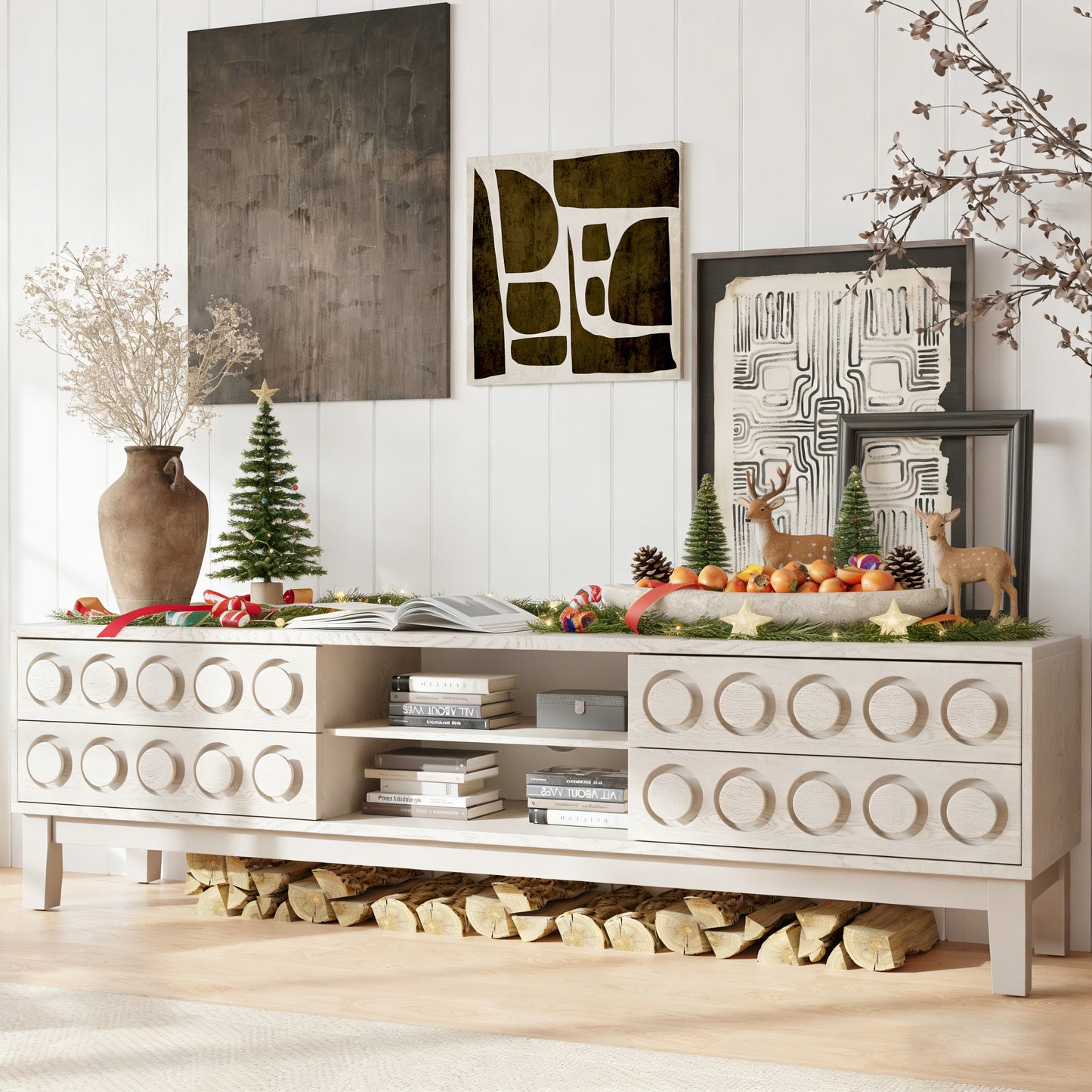 Modern Mid-Century Media Console with 4 Drawers and Cable Management, TV Console Table for TVs up to 75",Entertainment Center for Living Room and Office(White) image 3