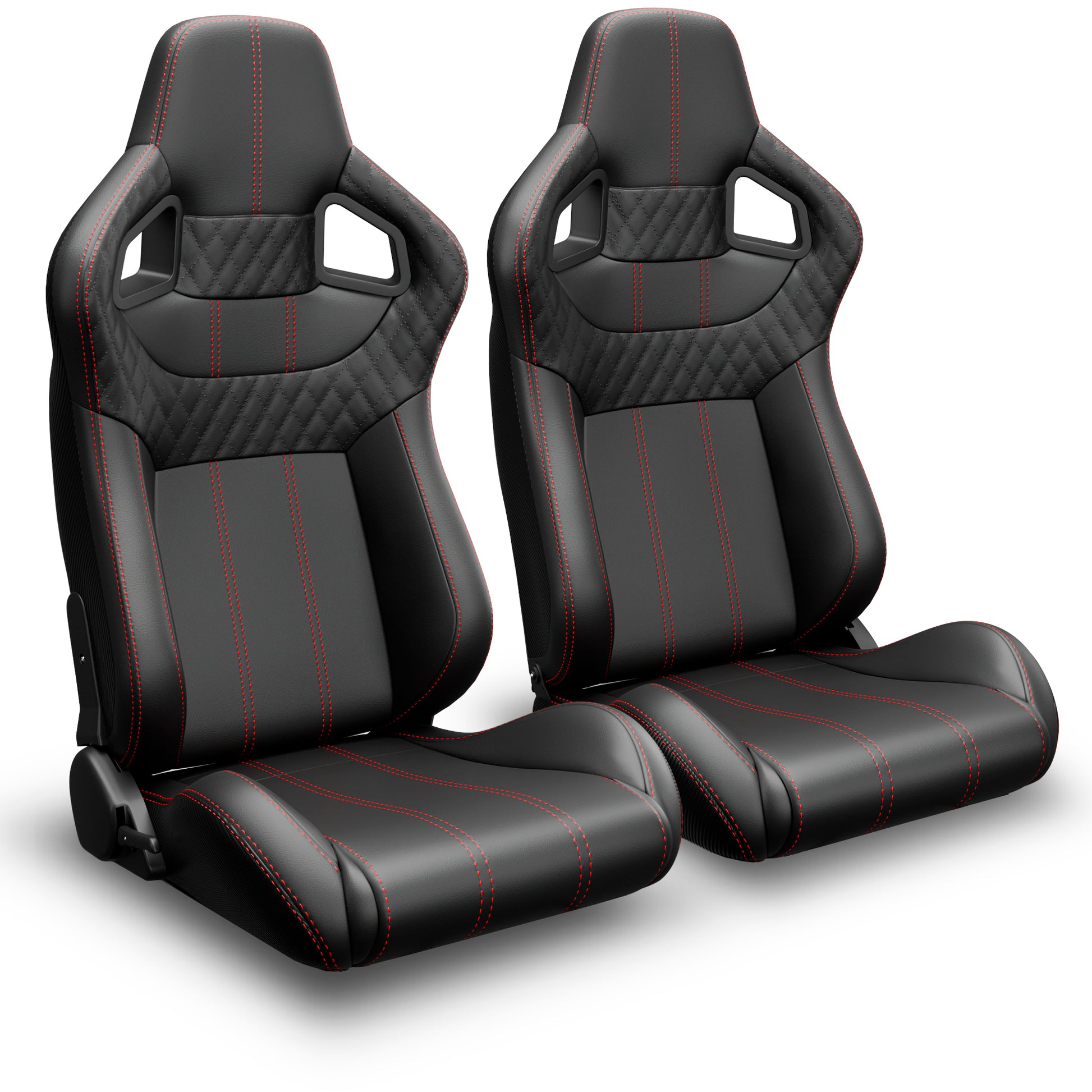 2PC Universal Bucket Racing Seats Red Stitch PVC Leather Reclinable Carbon Look Leather Back With Adjustor Slider(Not Including Seat Bracket) image 6