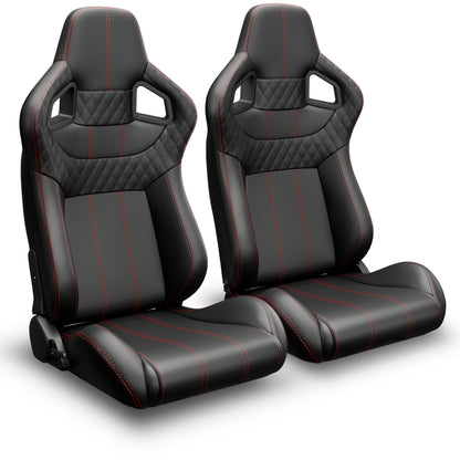 2PC Universal Bucket Racing Seats Red Stitch PVC Leather Reclinable Carbon Look Leather Back With Adjustor Slider(Not Including Seat Bracket) image 6