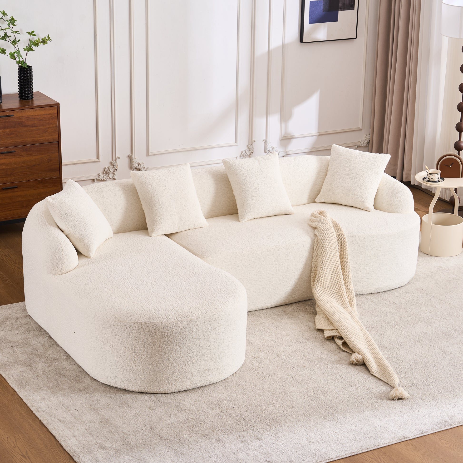 Boneless L-Shape Sectional Sofa with Curved Chaise,White Modular Chenille Compression Couch,30D High-Density Foam,Minimalist Modular Couches Sleeper for Living Room Bedroom Apartment Lounge. image 1