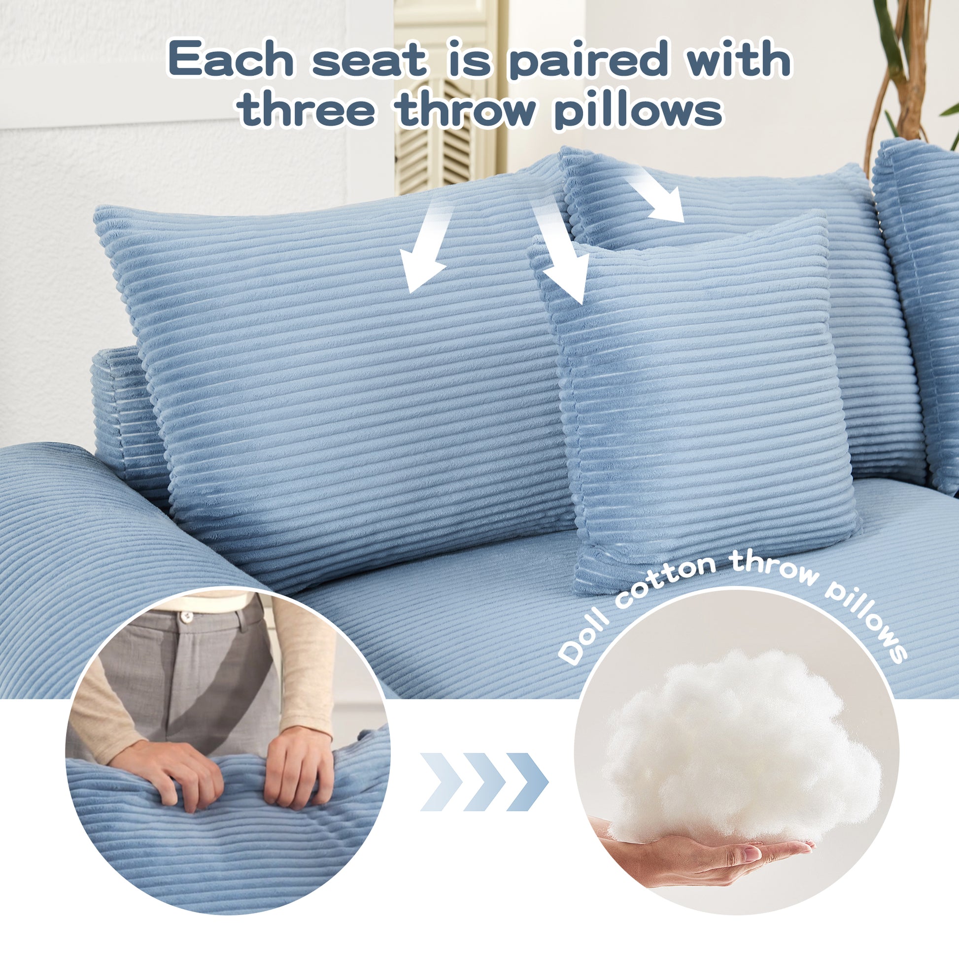 54.3" Oversized Cloud Modular Sectional Couch, Corduroy Fabric Extra-Thick Armrests,Throw Pillows Ottoman, Ergonomic Design,Easy Assembly Fits Living Rooms Bedrooms,Blue image 10