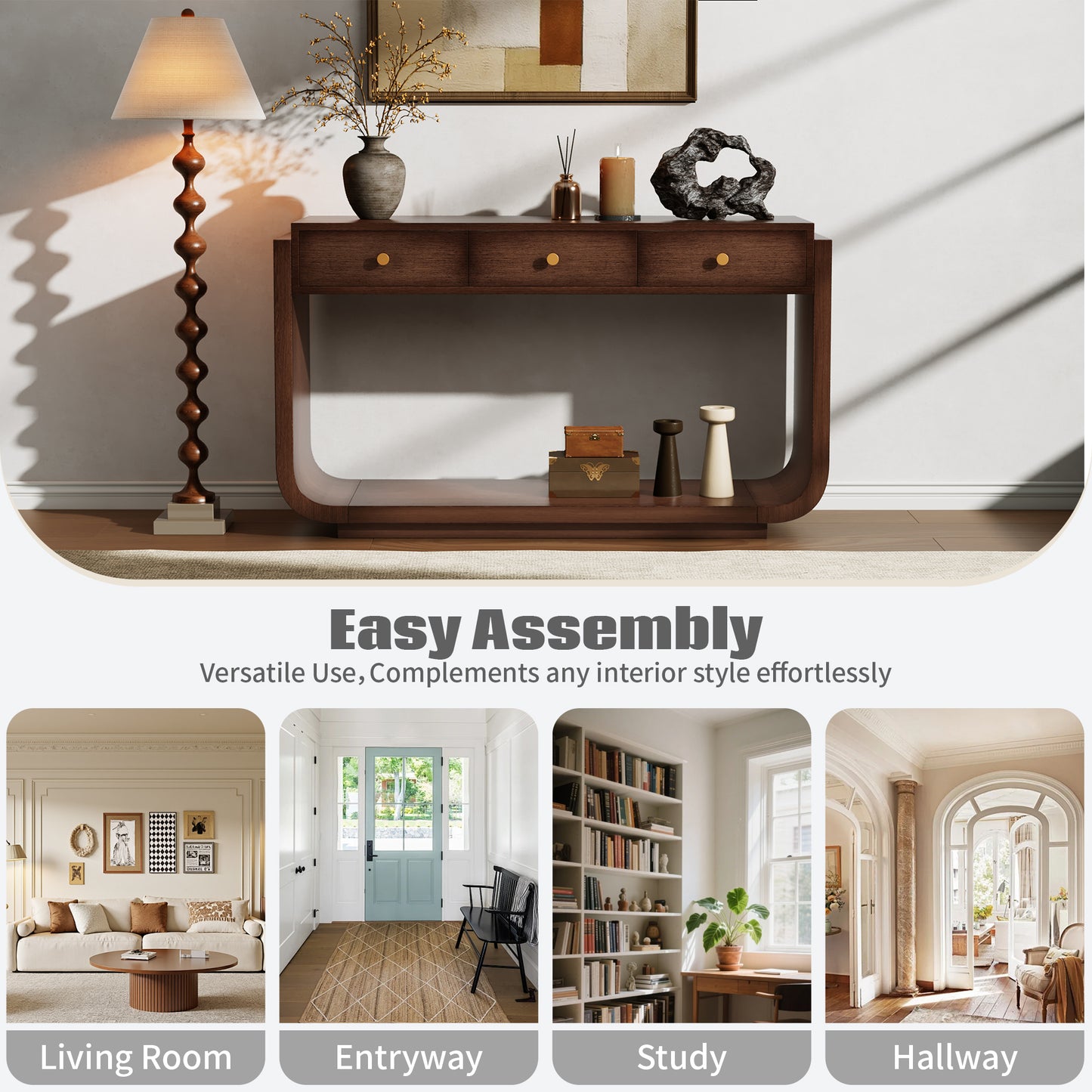 Classic-Style Console Table, 3 Storage Drawers, Display Shelf, Curved Legs, Painted Finish, Entryway/Hallway/Living Room, Walnut image 8