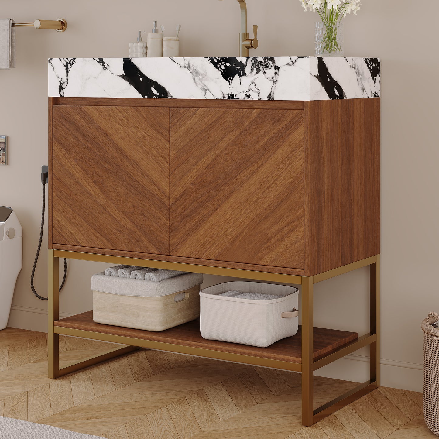 29.9" Modern Free-standing Bathroom Vanity with Ceramic Sink – Brown Oak, Soft-Close image 5