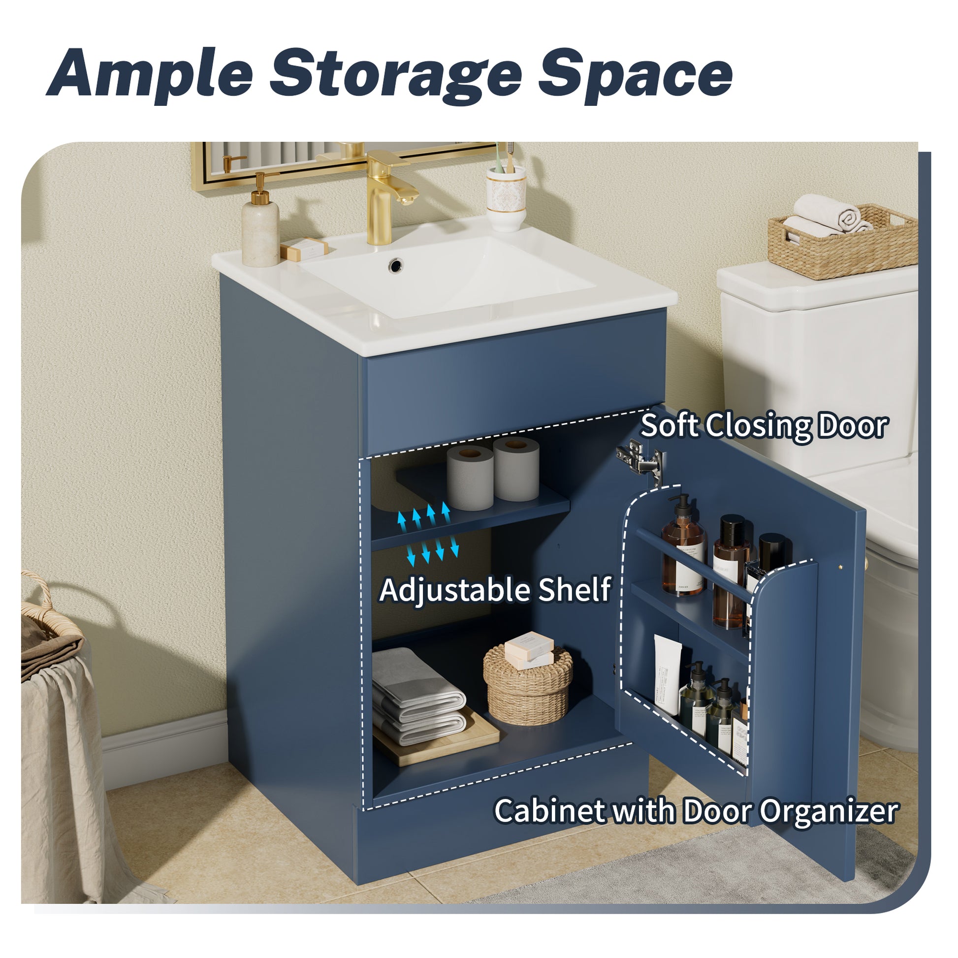[Video] 20" Bathroom Vanity with Sink, Vanity Cabinet with Door Shelf and Adjustable Shelf, Blue image 9