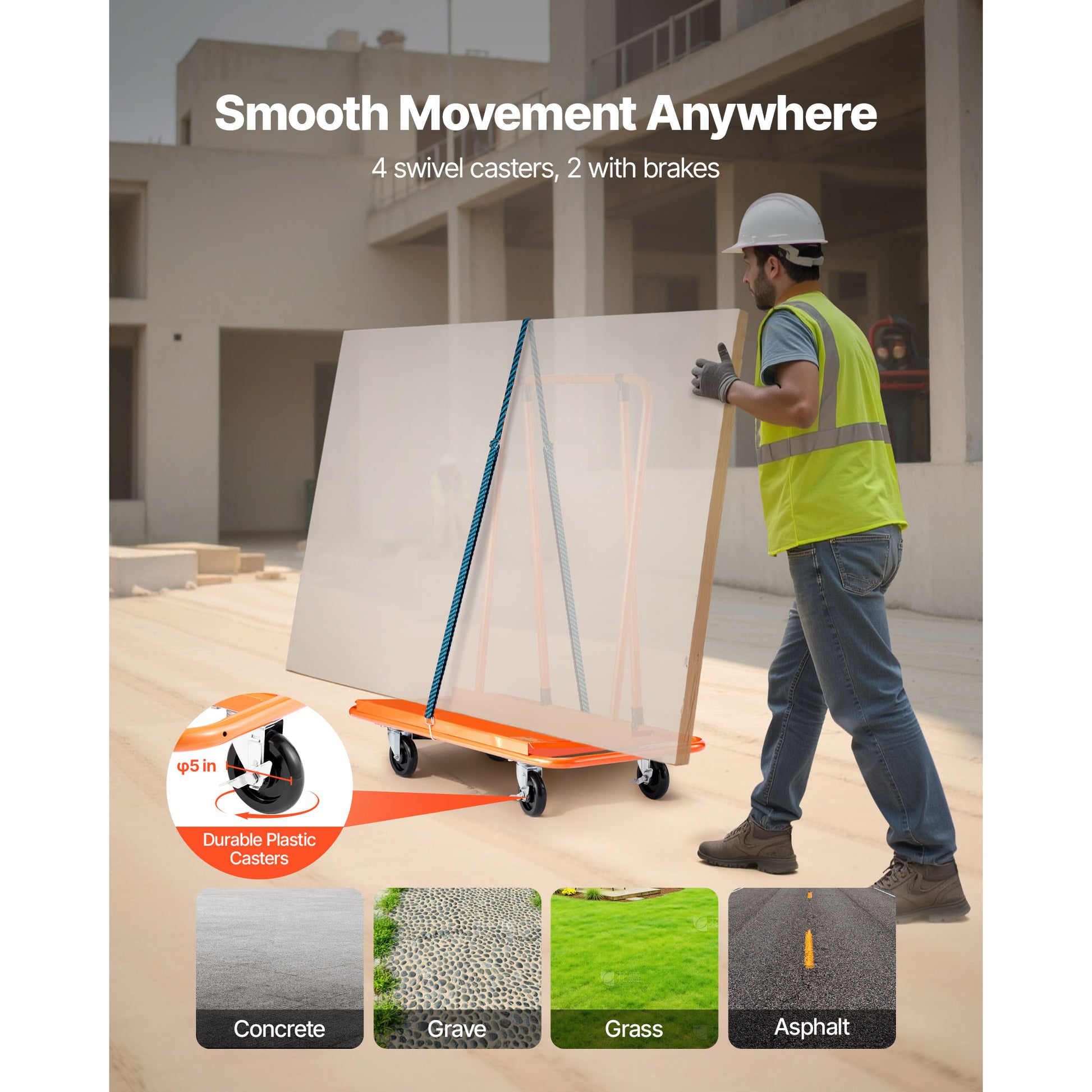 Drywall Cart Dolly, 1800 lbs Load Capacity, Steel Panel Dolly with 4 Swivel Casters, Durable & Long-lasting, Panel Truck Cart with Tie-Down Strap for Plywood, Plasterboard, Glass, Orange image 6