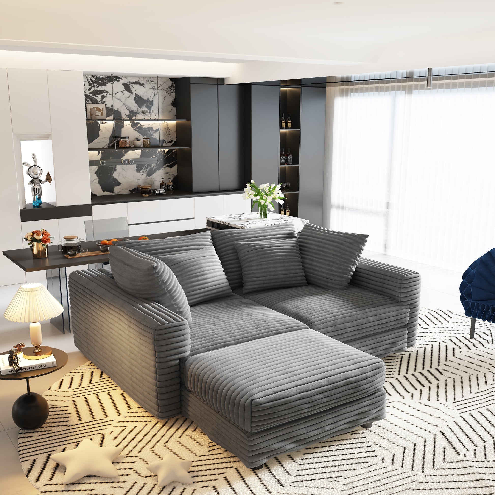102.4 "Plush Corduroy 4-Seat Sofa,Modern Comfy Upholstered Sofa Cloud Couch,Deep Seat Couches with Soft Pillows and 3 Ottomans,Convertible Sofa Lounge Chair,Grey(Old SKU:W1885S00284) image 11