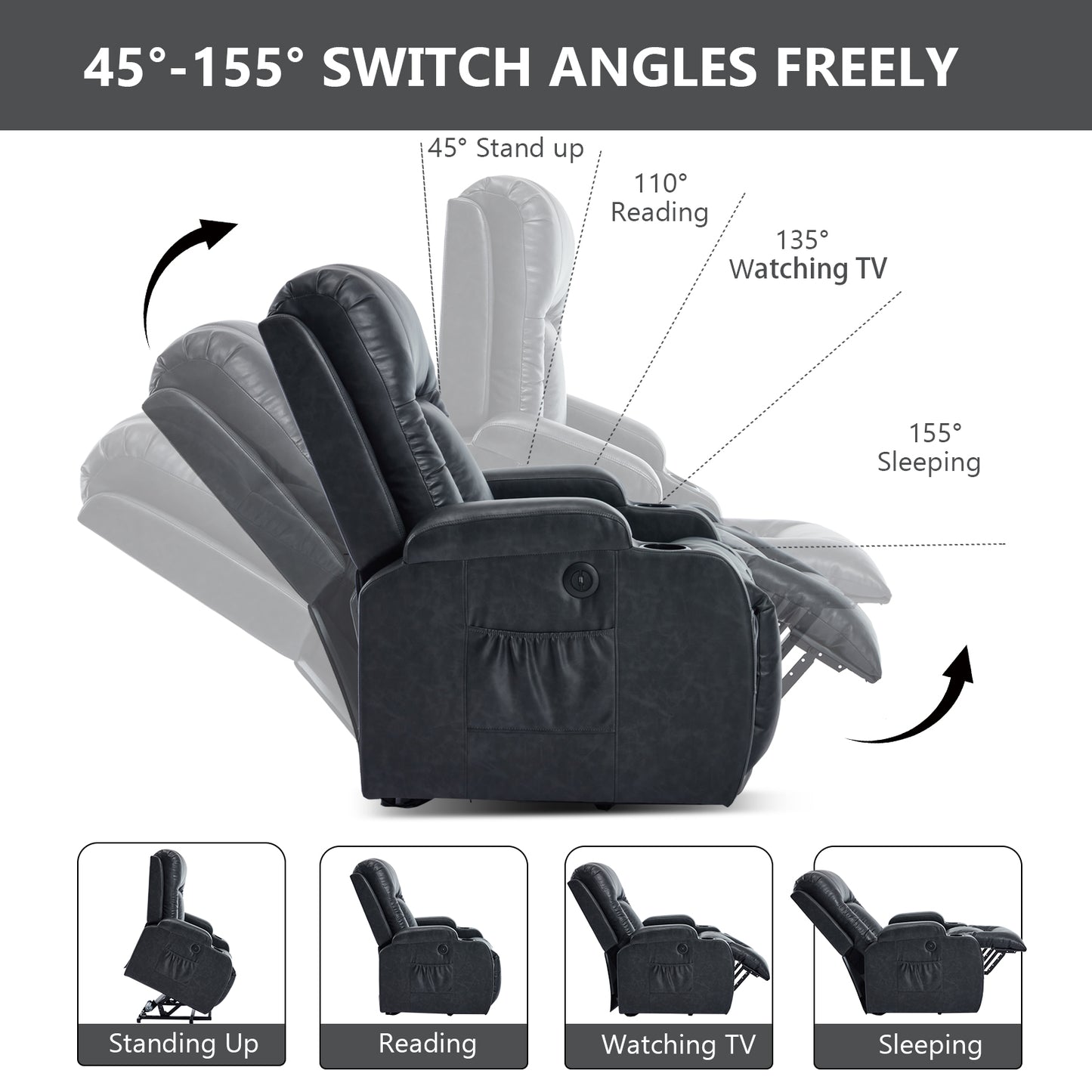 Dark Grey PU lInfinite Position Up to 350 LBS Power Lift Recliner Chair for Elderly, Heavy Duty Motion Mechanism with 8-Point Vibration Massage and Lumbar Heating, USB Charging Port, Cup Holders image 5
