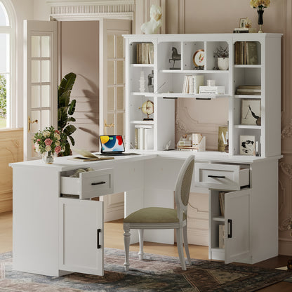 L-Shaped Computer Desk with 2 Cabinets and 2 Drawers, 11 Open Shelves and 1 Right Flip Shelf with Storage, with Power Outlet, for Study, Living Room and Office, White image 2