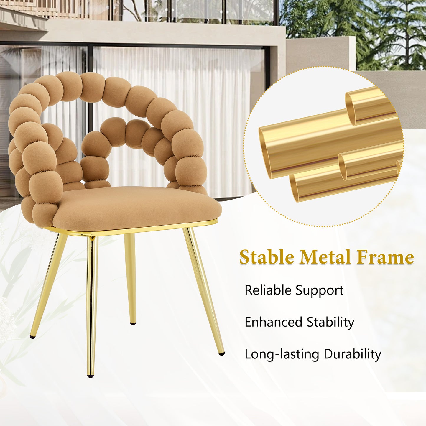 Set of 2 Modern Velvet Dining Chair with Bubble Back, Accent Chair with Gold Metal Legs, Upholstered Vanity Chair for Dining Room, Living Room, Bedroom, Brown & Gold image 9