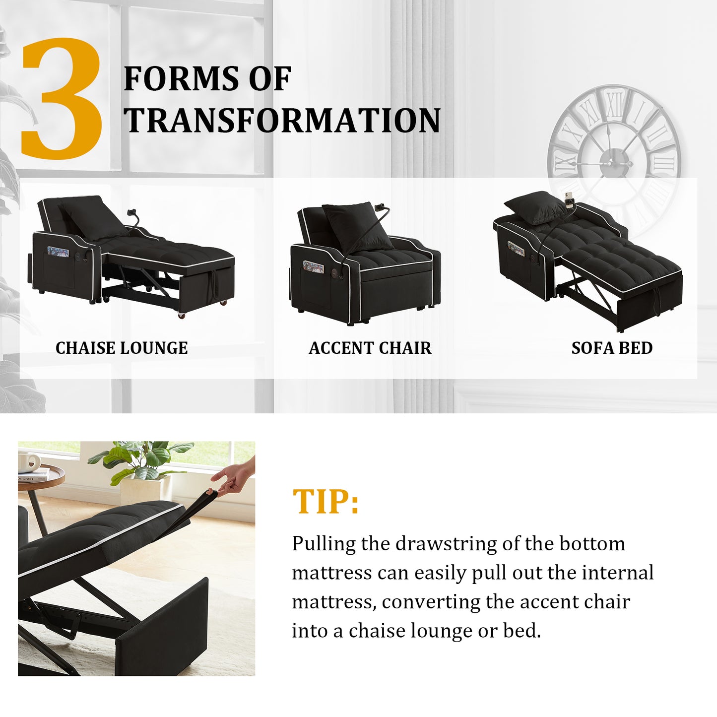Sleeper Sofa Chair Bed, 3 In 1 Convertible Sofa Chair With With Adjustable Backrest & Phone Holder & USB, Type-C, Adjustable Recliner, Armchair For Living Room Bedroom Apartment Small Space, Black image 5