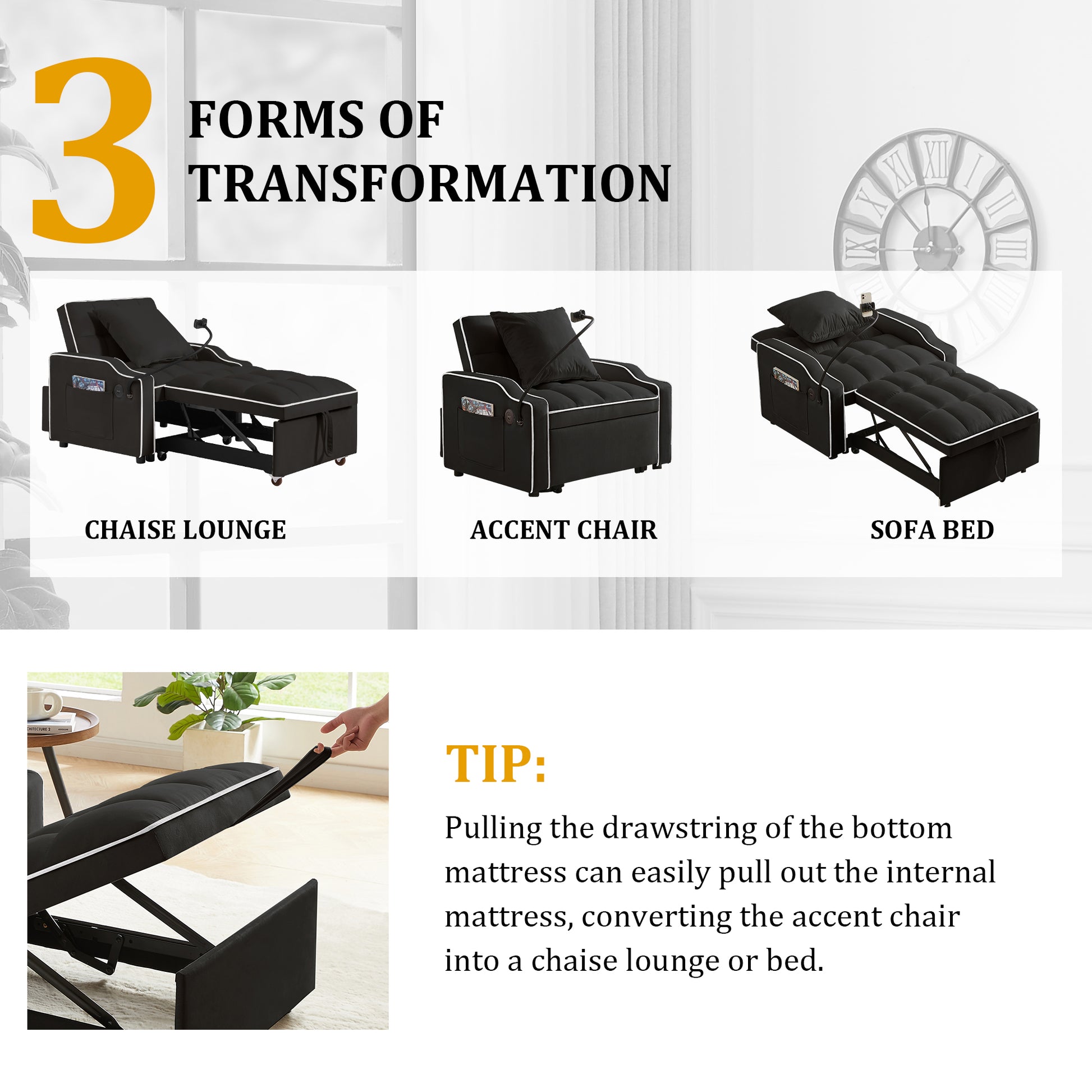 Sleeper Sofa Chair Bed, 3 In 1 Convertible Sofa Chair With With Adjustable Backrest & Phone Holder & USB, Type-C, Adjustable Recliner, Armchair For Living Room Bedroom Apartment Small Space, Black image 5
