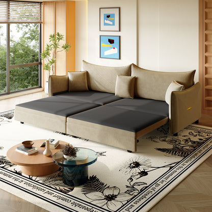 81.9" King Pull Out Sofa Bed,3-in-1 Convertible Sofa Bed with 3 Pillows & Golden Accent Detail Design, Modern Velvet 3-Seater Couch,for Small Space,Living Room,Apartment,Camel image 3