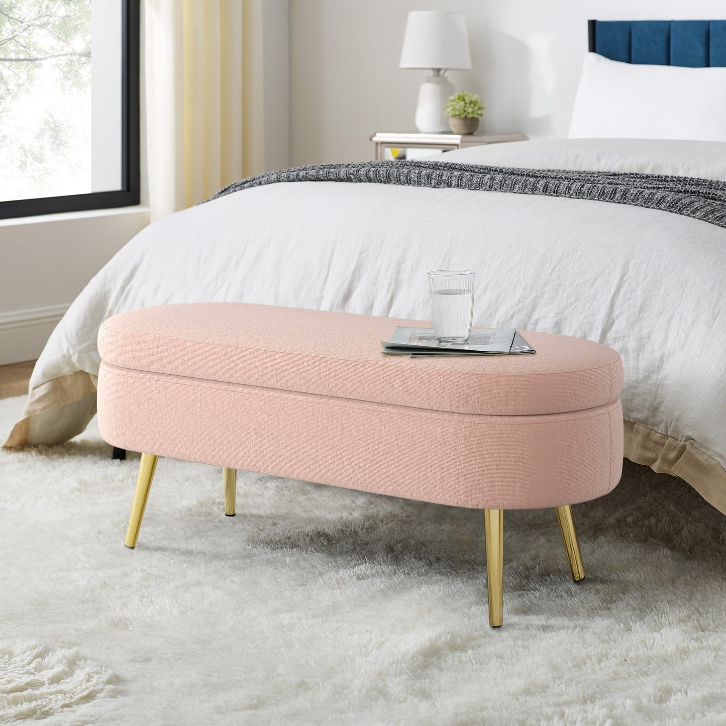 Ottoman Oval Storage Bench, Flannel with Metal Legs-Pink(43.5"x16"x16") image 1