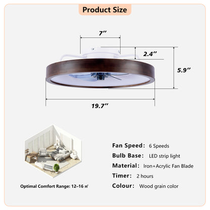 20" Modern Flush Mount Ceiling Fans with Lights Kit (LED), 3000-6500K Dimmable LED Fan Light, 6 Speeds, Quiet DC Motor For Living room, Bedroom,Kitchen----Wood+White image 9