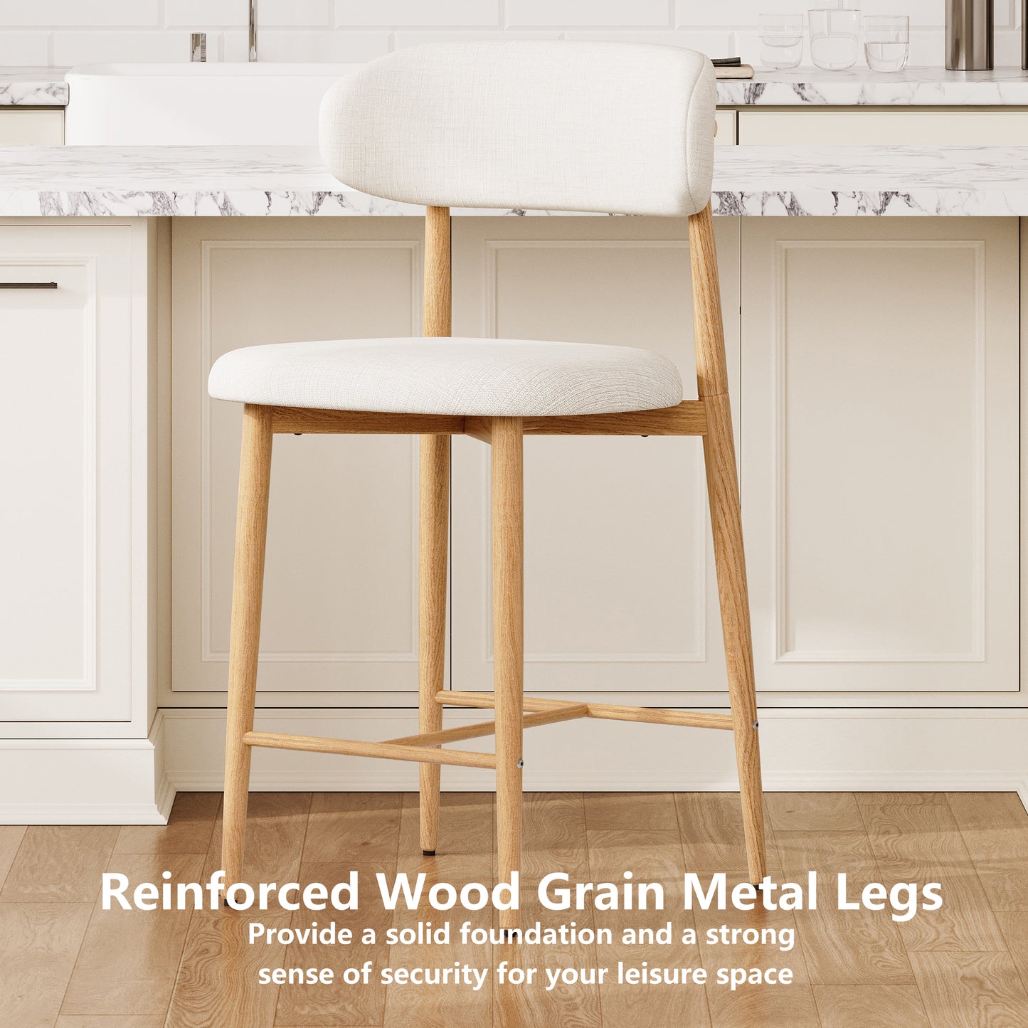 Counter Height Bar Stools Set of 2, Upholstered Counter Stools Modern Barstools with Metal Legs for Kitchen Island Dining Room, Beige image 6