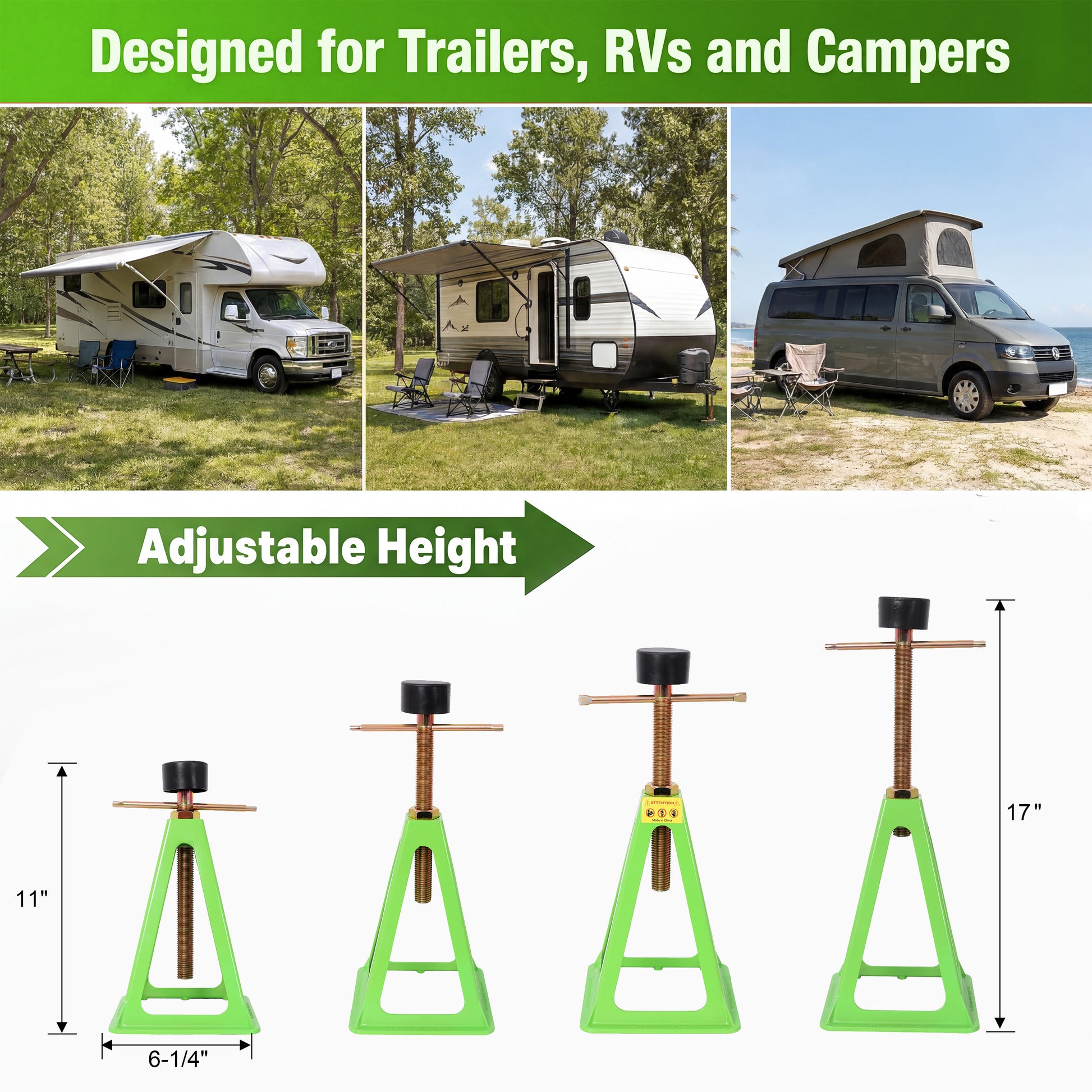 4-Pack RV Stabilizer Jacks, Heavy Duty Adjustable Screw Jack Stands for Travel Trailer Camper, 3300 Lbs Each Load Capacity, 11" to 17" Height Range, with Spare Nuts & Rubber Pads for RV Leveling & Sup image 9