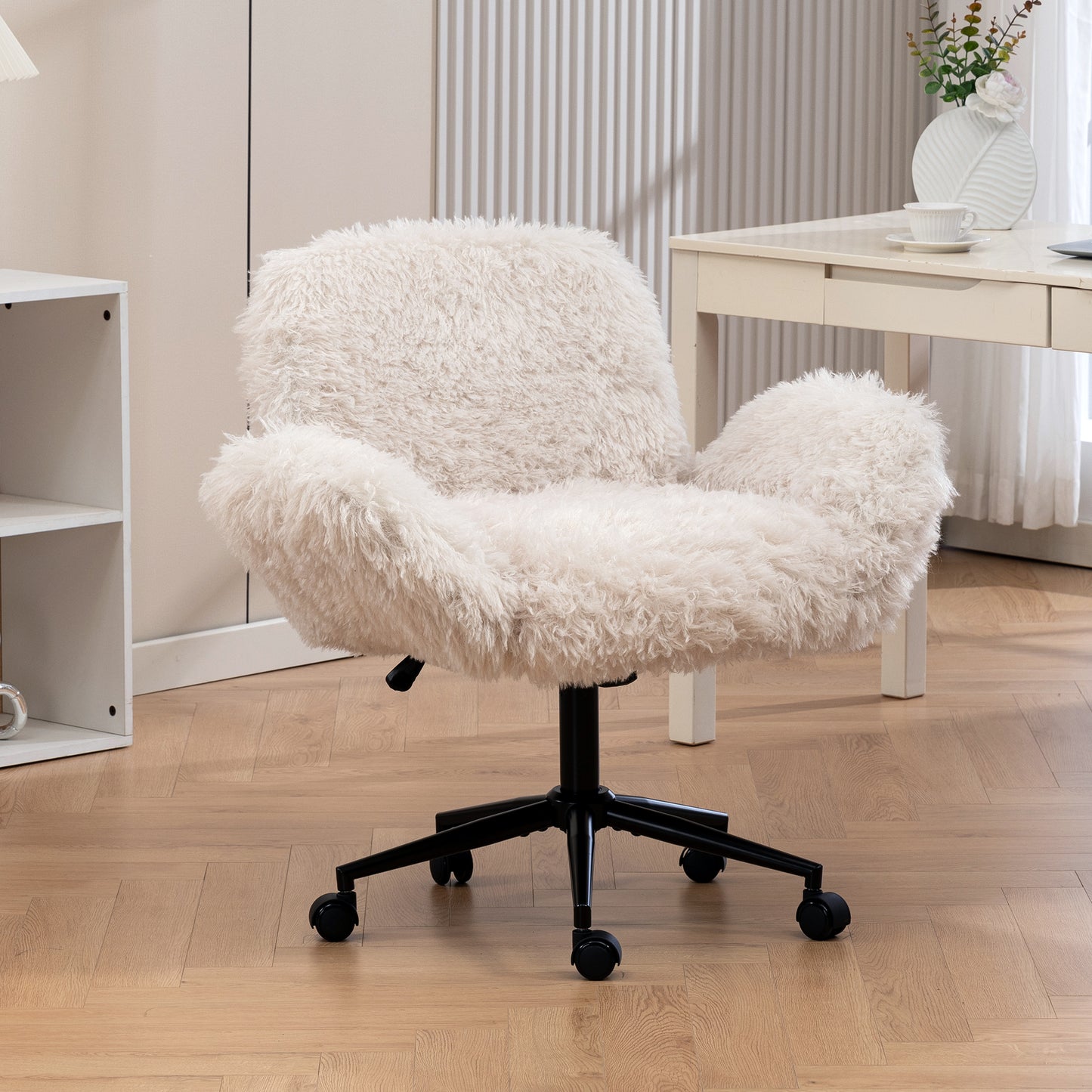 Criss Cross Chair with 5-Gear Adjustable Armrests & Wheels, Ergonomic Thickened Backrest Swivel Desk Chair for Home Office, Vanity, Bedroom and Living Room, Beige Lamb wool image 1