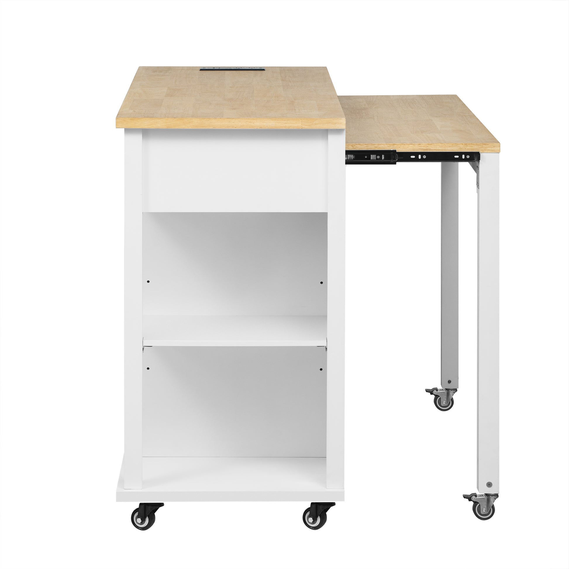 K&K 47 inch Kitchen Island with Extendable Dining Table, Rubber Wood Veneer Kitchen Table with Internal Storage Rack, Power Outlet, Kitchen island with Storage 2 Drawers 2 Cabinet,White image 5