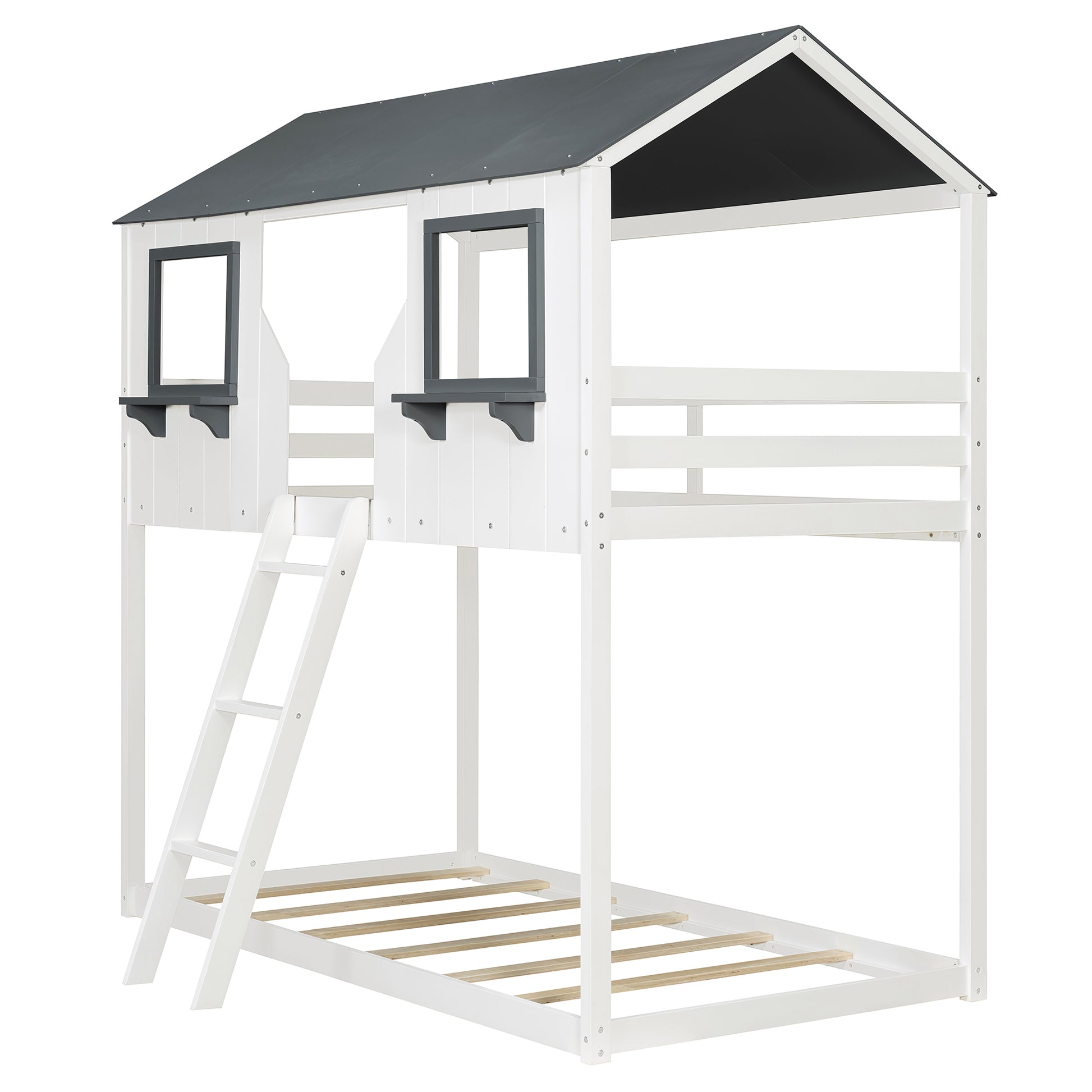 Twin Over Twin Bunk Bed Wood Bed with Roof, Window, Guardrail, Ladder (White)(OLD SKU: LT000045AAK-1) image 8