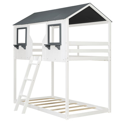 Twin Over Twin Bunk Bed Wood Bed with Roof, Window, Guardrail, Ladder (White)(OLD SKU: LT000045AAK-1) image 8