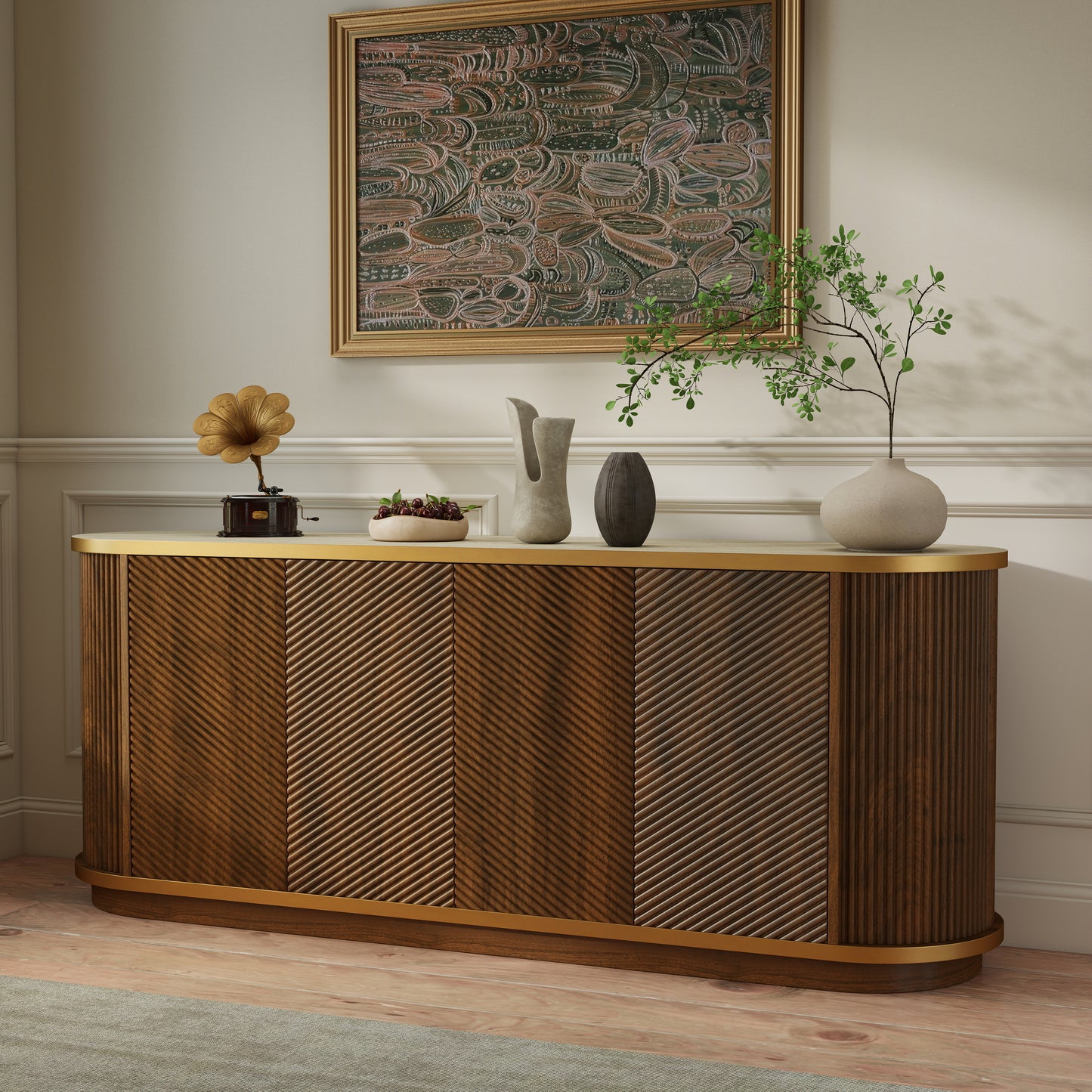 63" Diagonal Fluted Sideboard Cabinet with Storage, 4-Door Walnut Buffet Credenza TV Stand with Gold Trim, Cream Faux Marble-Top Console Table, Modern Cabinet for Dining Room, Living Room, Walnut image 1