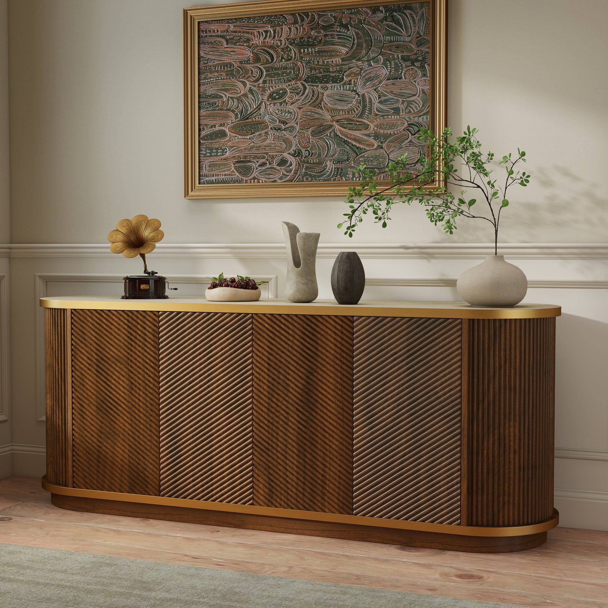 63" Diagonal Fluted Sideboard Cabinet with Storage, 4-Door Walnut Buffet Credenza TV Stand with Gold Trim, Cream Faux Marble-Top Console Table, Modern Cabinet for Dining Room, Living Room, Walnut image 1