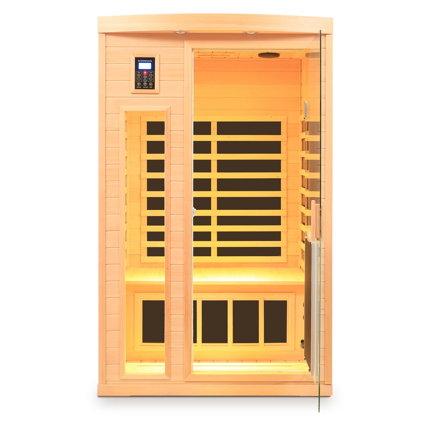 Low EMF, There is also a heating plate on the glass door, Hemlock wood Far-infrared indoor Two person sauna room image 7