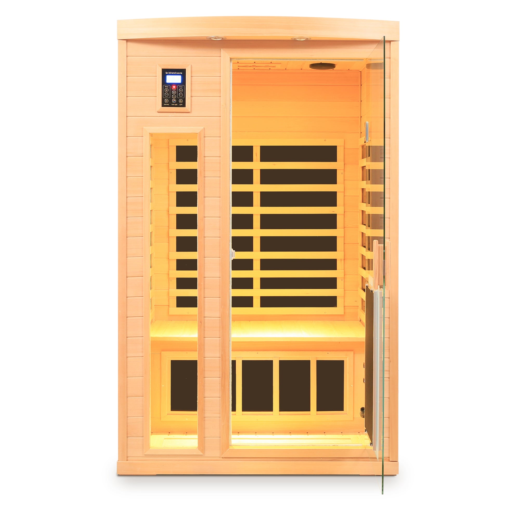 Low EMF, There is also a heating plate on the glass door, Hemlock wood Far-infrared indoor Two person sauna room image 7