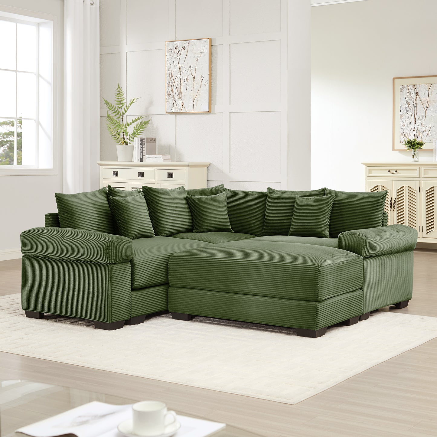 Oversized Cloud Modular Sectional Couch, Convertible Sectional Couches,Extra-Thick Armrests With An Ottoman,Soft Corduroy Fabric, Ergonomic Design,Easy Assembly,For Living Rooms Reading Rooms,Green image 2