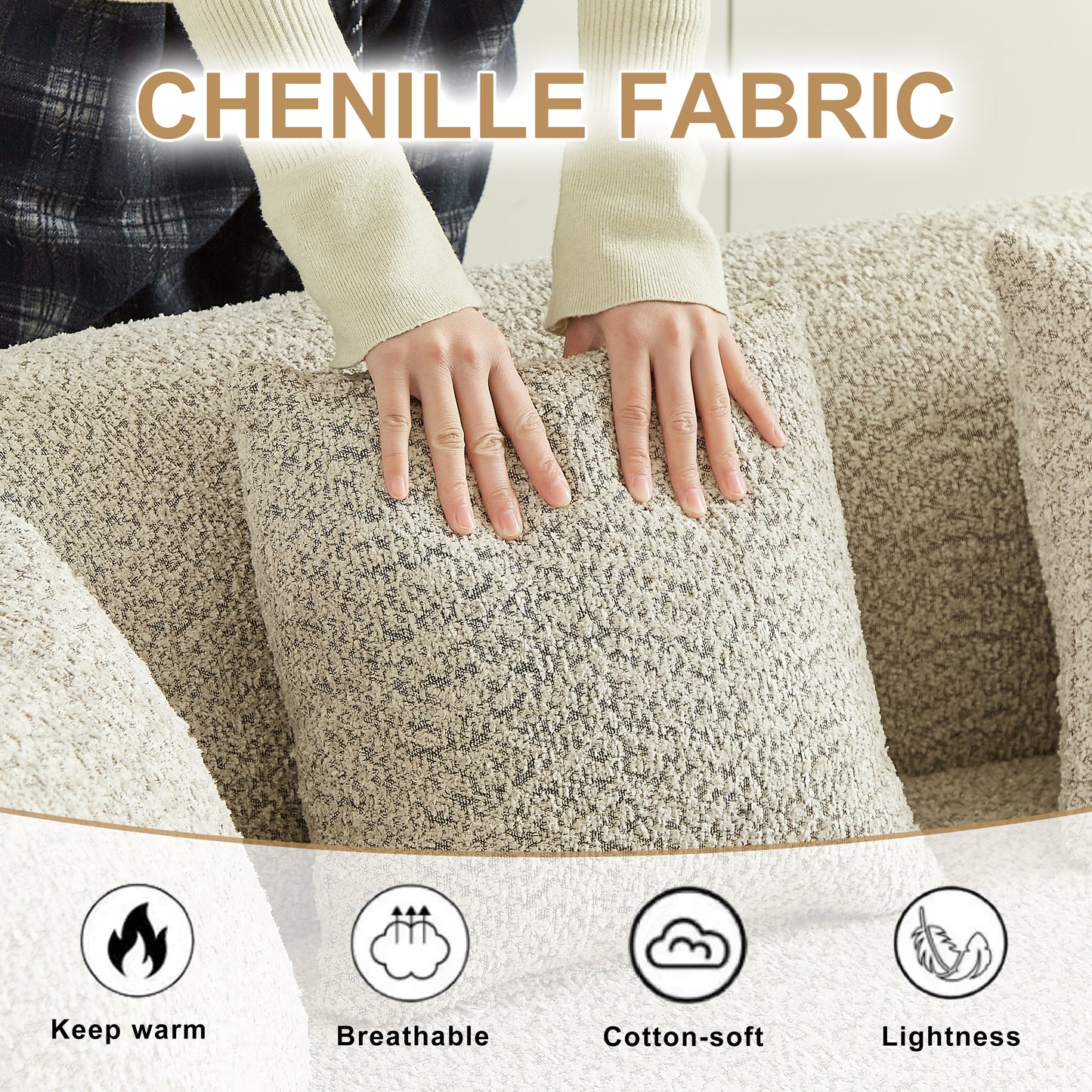 Curved Sectional Sofa, 111.5-inch Oversized Modern Bone-Free Cloud Sofa with 6 Pillows Luxury Chenille Four-Seater Memory Foam Sofa with Deep Seat Design, Light khaki W3505P355582 image 3