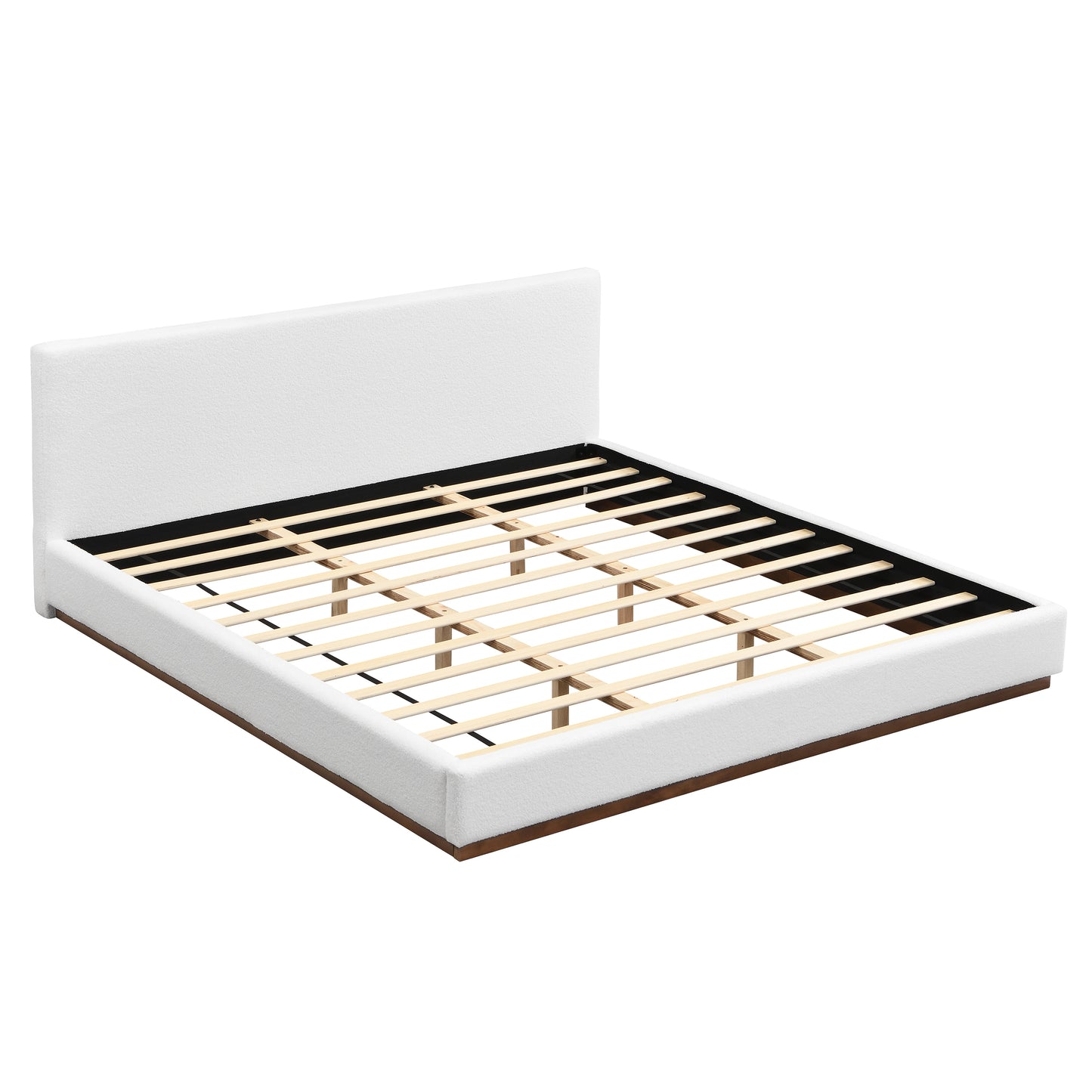 Elegant White Fabric Upholstered Bed With Nice Wood Grain Textured Brown Solid Wood Base Frame,White,King image 4