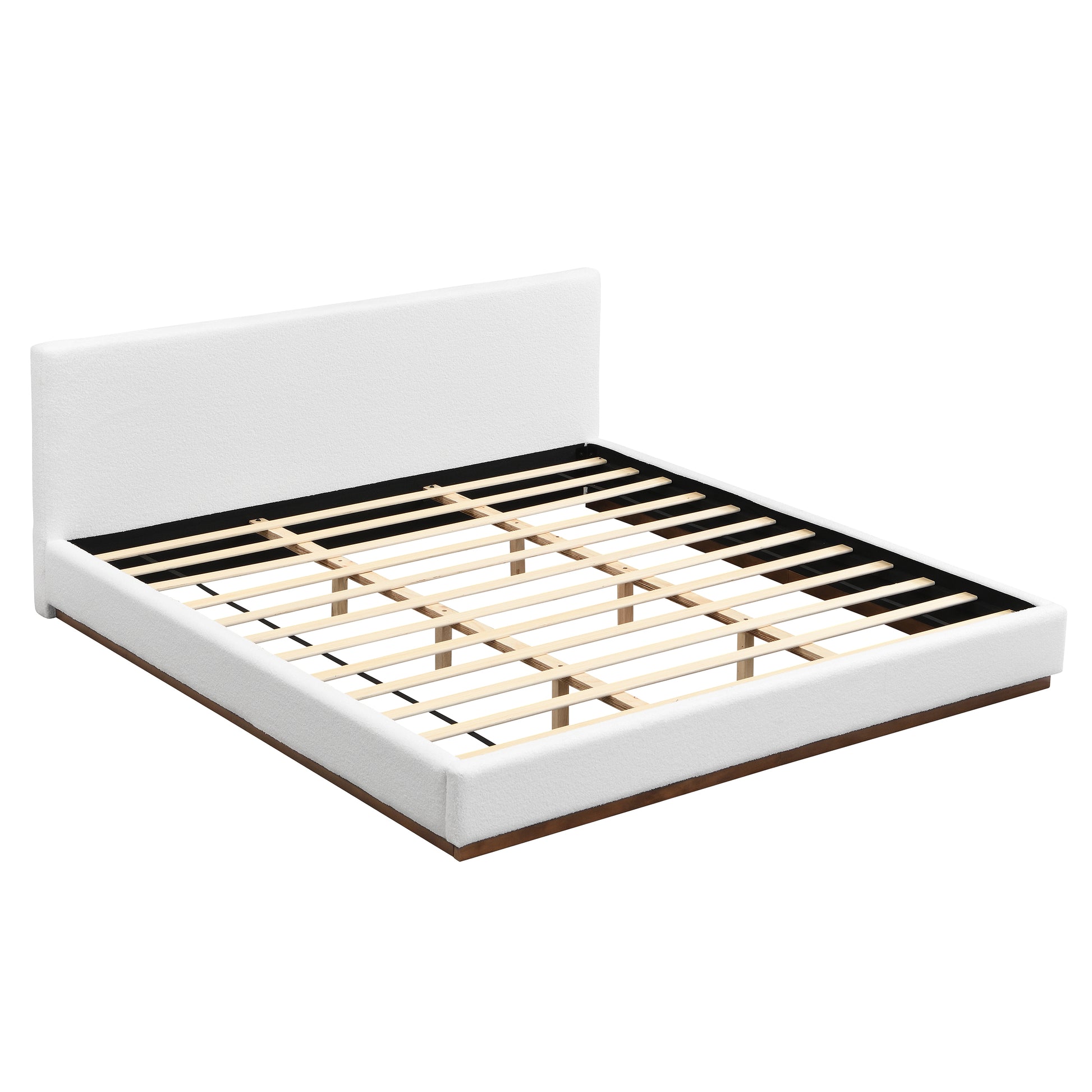Elegant White Fabric Upholstered Bed With Nice Wood Grain Textured Brown Solid Wood Base Frame,White,King image 4