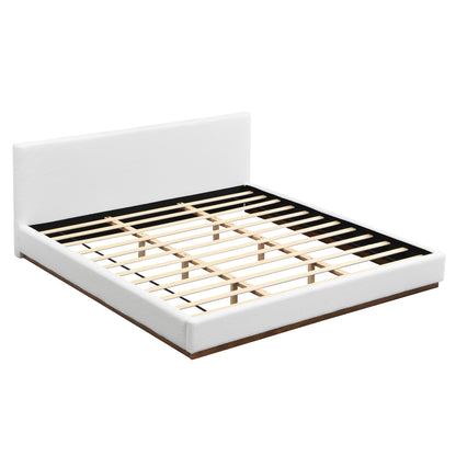 Elegant White Fabric Upholstered Bed With Nice Wood Grain Textured Brown Solid Wood Base Frame,White,King image 4