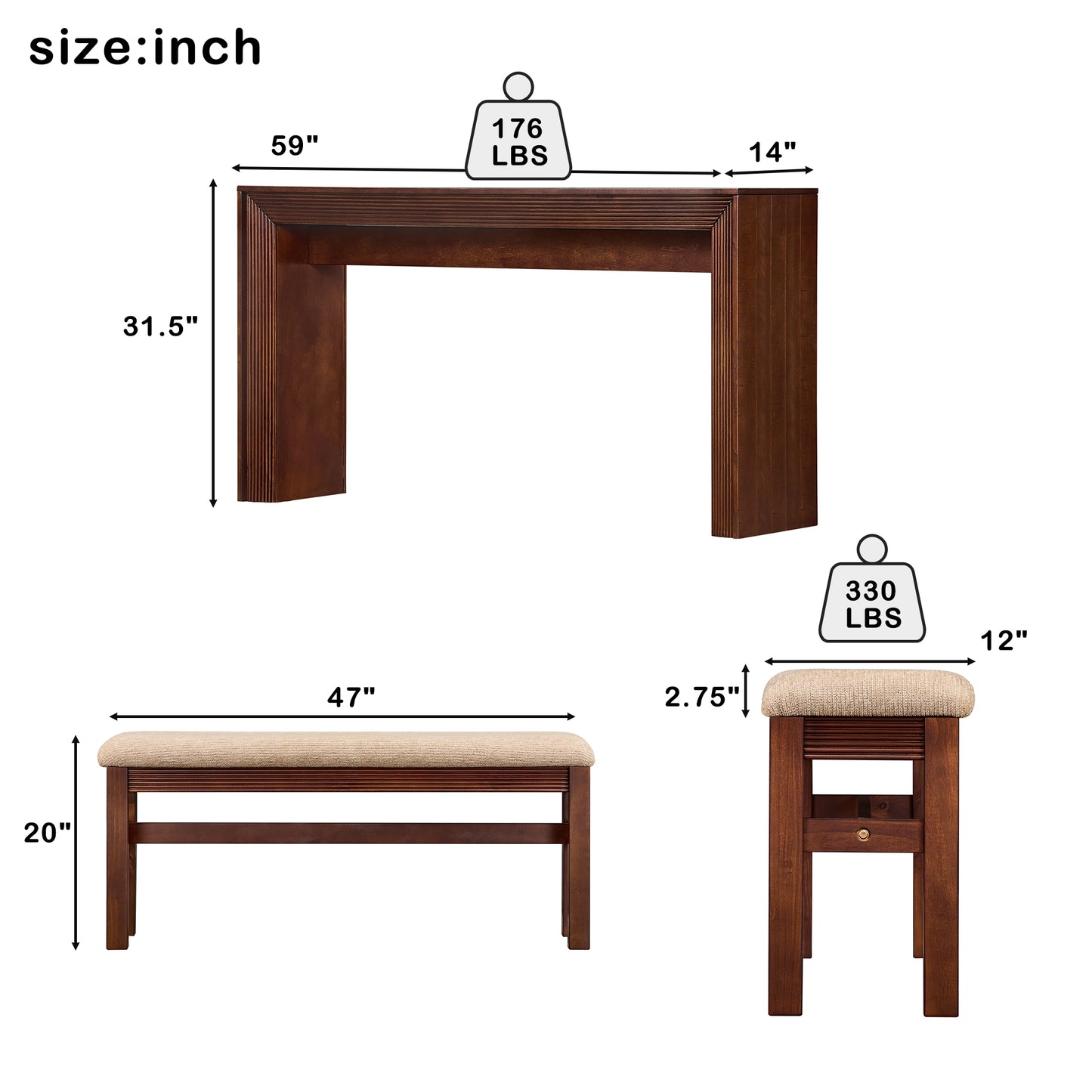 Fluted Counter Height Bar Table Set for 2, Dining Table with Fabric Upholstered Bar Stool with Solid Wood Legs, Dining Table Behind Couch for Breakfast-Walnut image 4