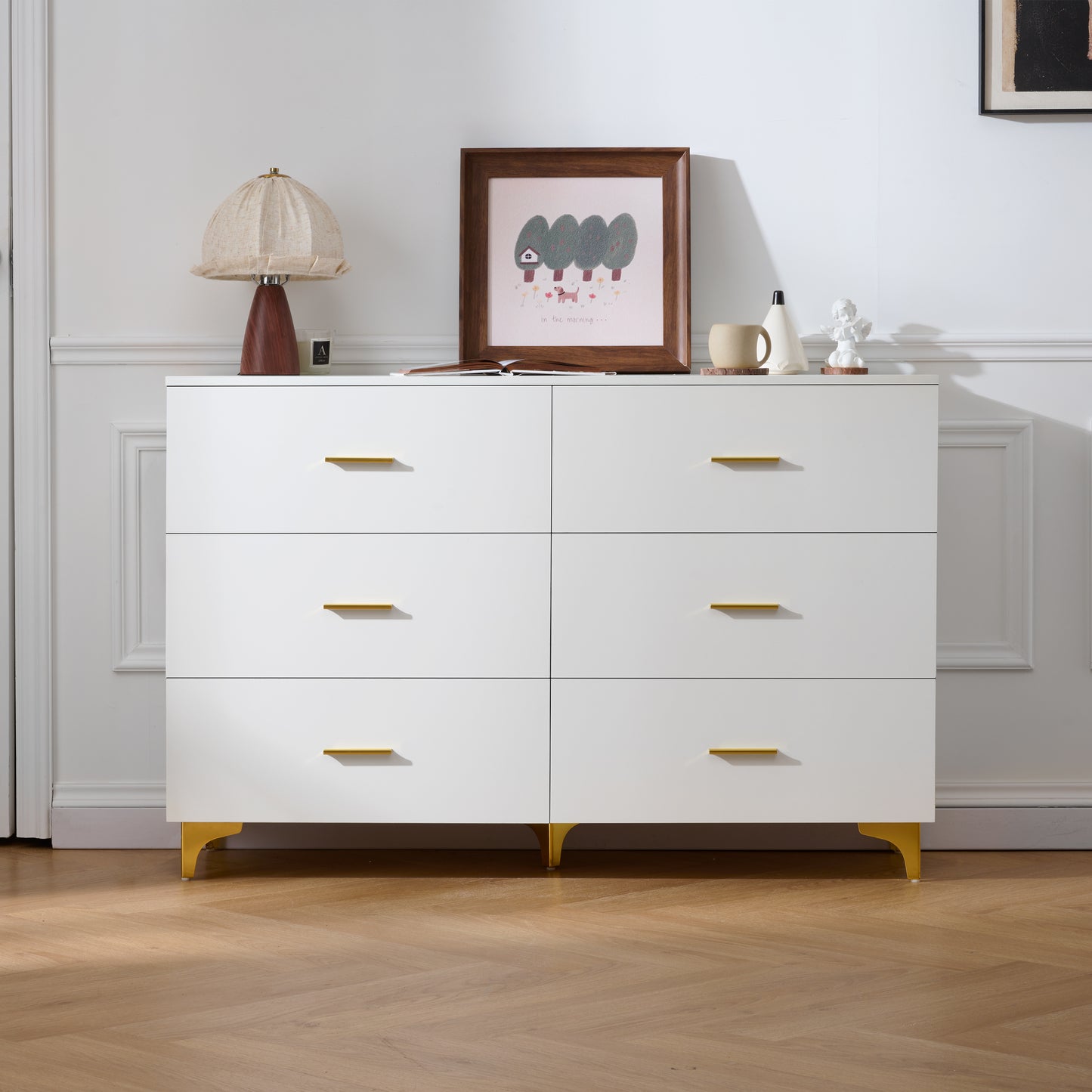 White 6 Drawer Dresser with Gold Handles & Metal Legs, Deep Storage Space, Modern Chest of Drawers, Wooden Dresser Tv Stand for TV Stand,Living Room, Hallway, Entryway image 1