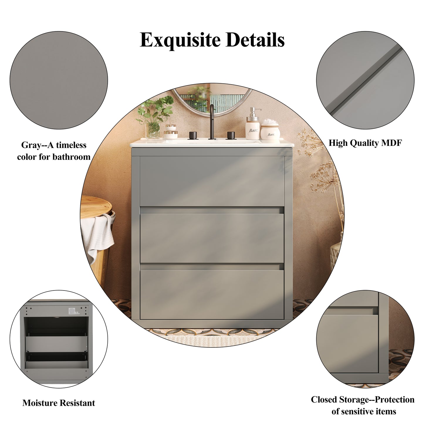 60" Double Sinks Bathroom Vanity Set, Bathroom Cabinet with Two Separate Ceramic Sinks, Full-Extension Drawers & Soft Close Undermount Drawer Slides, Gray image 6