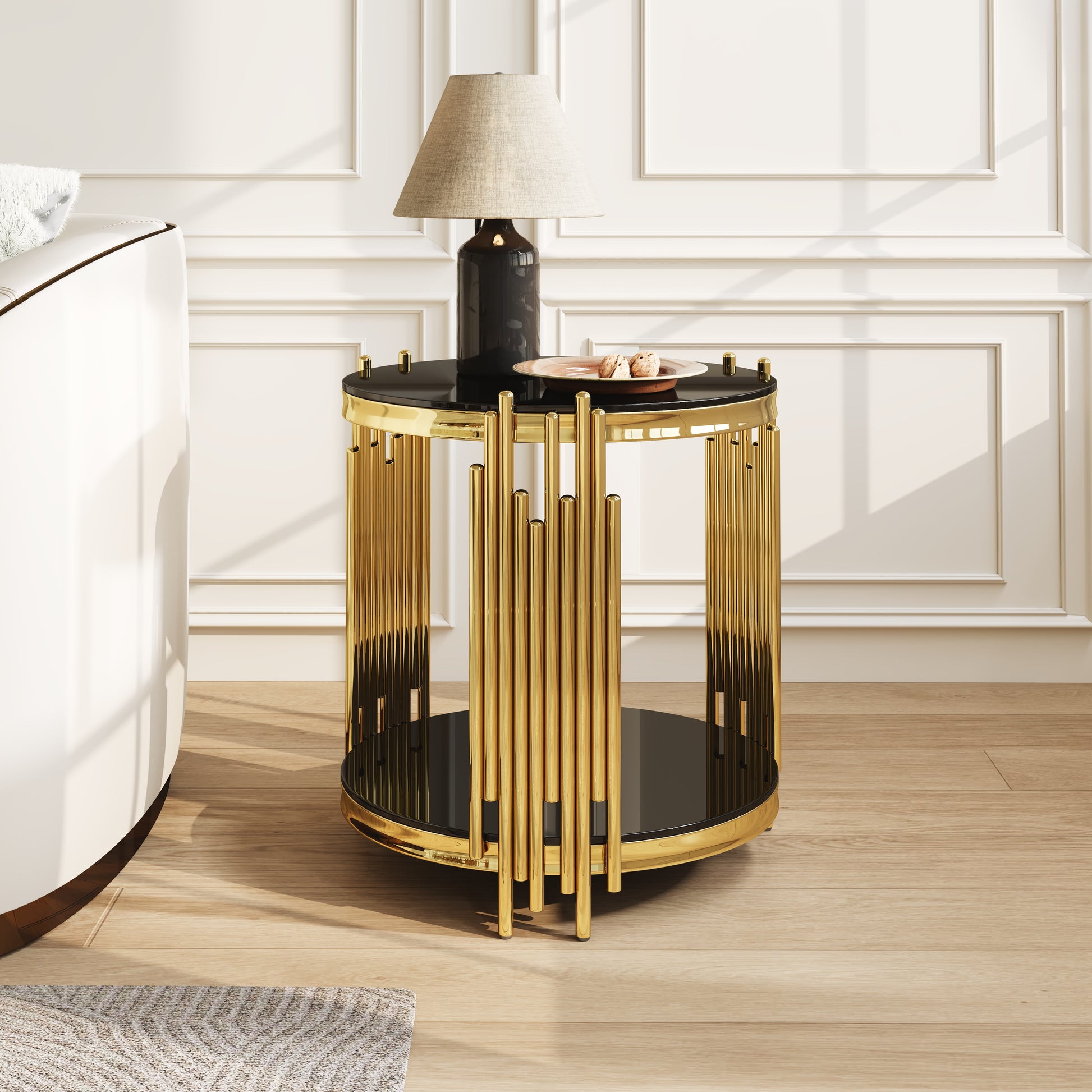 19.7" Round Glass End Table, 2-Tier Gold Side Table with Stainless Steel Legs and Black Tempered Glass, Modern Luxury End Table for Living Room Home Office image 3