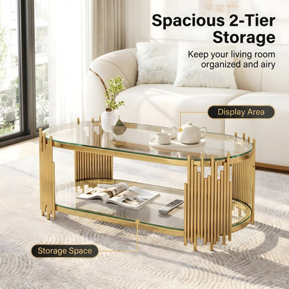 Luxury Gold Coffee Table with 2-Tier Tempered Glass Shelves, Modern Oval Center Table for Living Room, Polished Stainless Steel Frame, Artistic "Organ Pipe" Design, 47" x 23.6" x 17.7" image 6