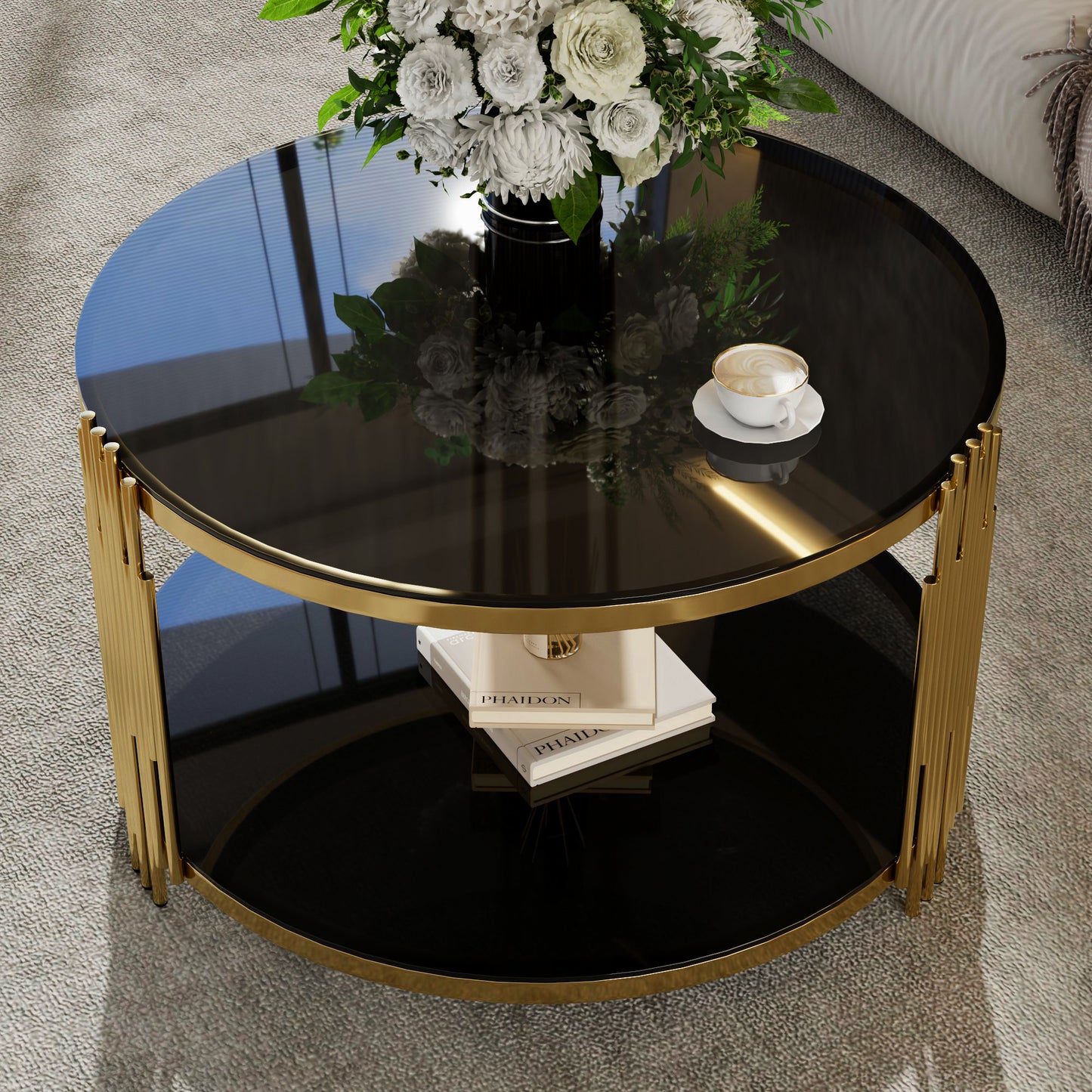 Modern Black Mirror Coffee Table, Asymmetrical Metal, Circular Metal Drum Base, Gold Finish & Lower Shelf image 2