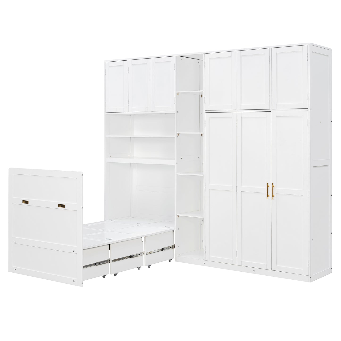 Twin Size Murphy Cabinet Bed with Wardrobe & Storage Shelves, 5-Tier LED Display Shelves, Overhead Cabinets, White image 8