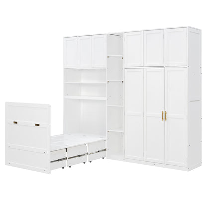 Twin Size Murphy Cabinet Bed with Wardrobe & Storage Shelves, 5-Tier LED Display Shelves, Overhead Cabinets, White image 8