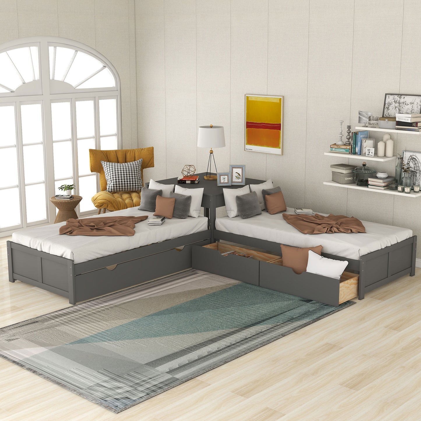 L-shaped Platform Bed with Trundle and Drawers Linked with built-in Desk,Twin,Gray(Old SKU:SM000916AAE-1) image 2