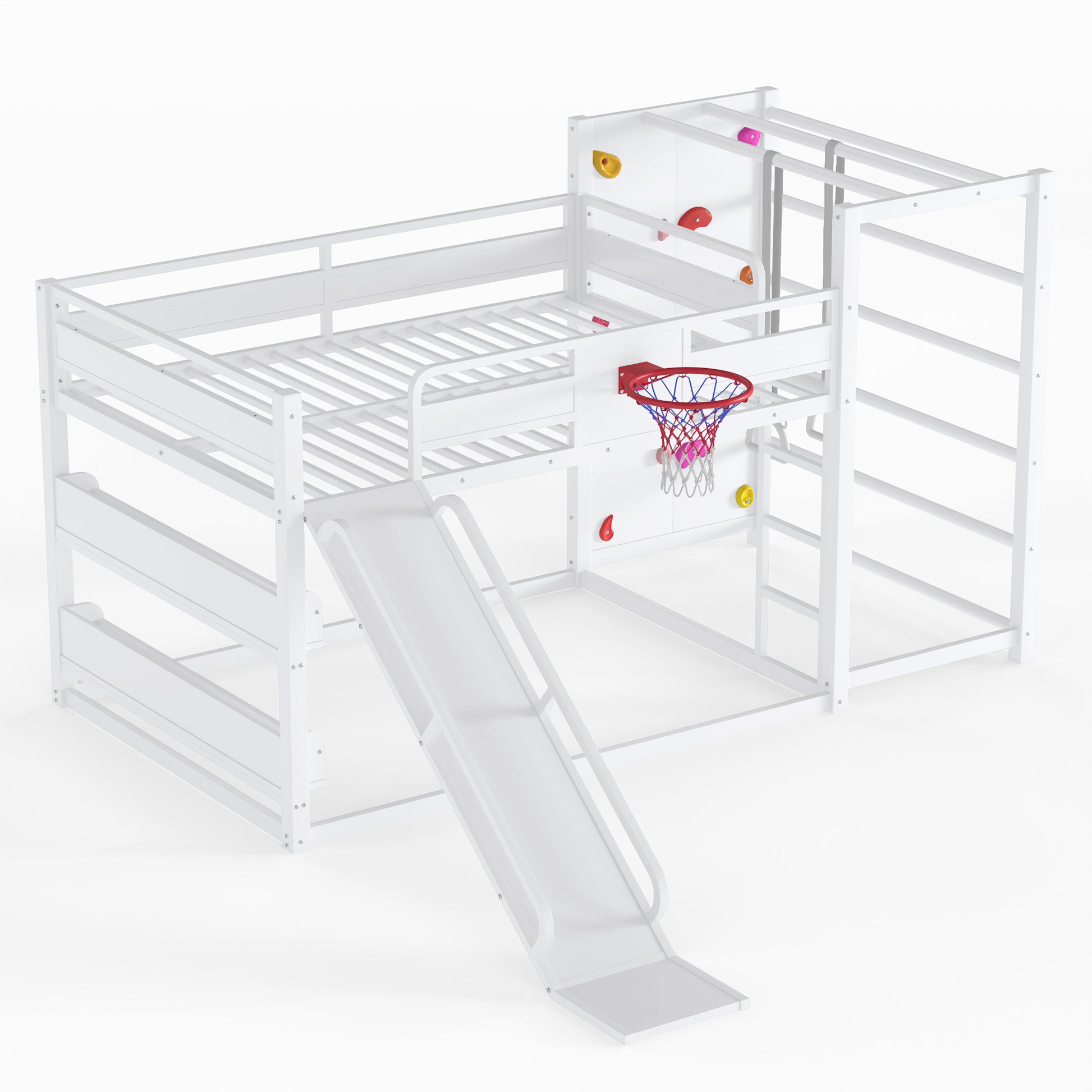 Full size metal loft bed with basketball hoop, pull-up rings, climbing wall, and built-in bookshelves. Playful children's design featuring a slide,White image 6