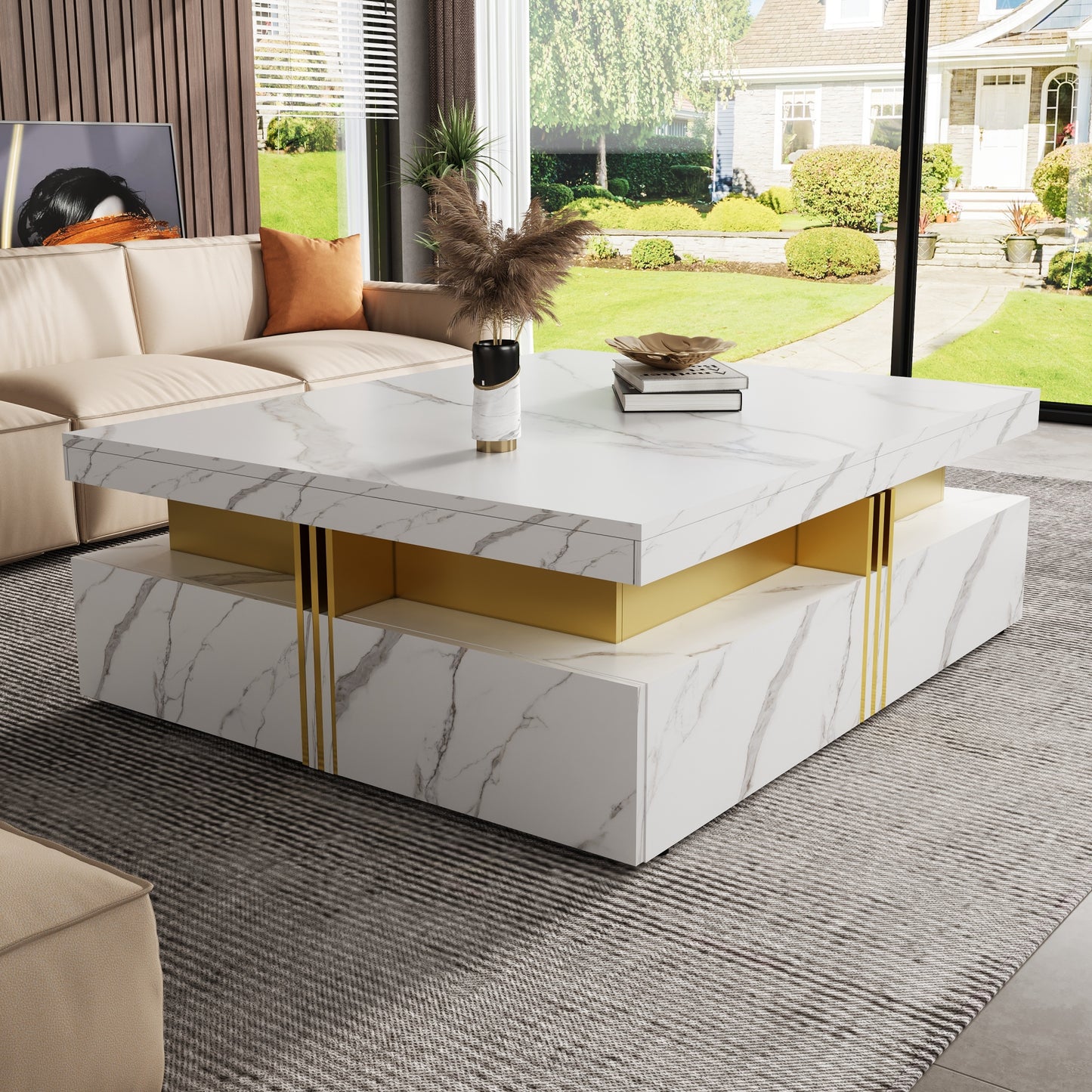 Modern White Square Storage Coffee Table with 4 Drawers image 2