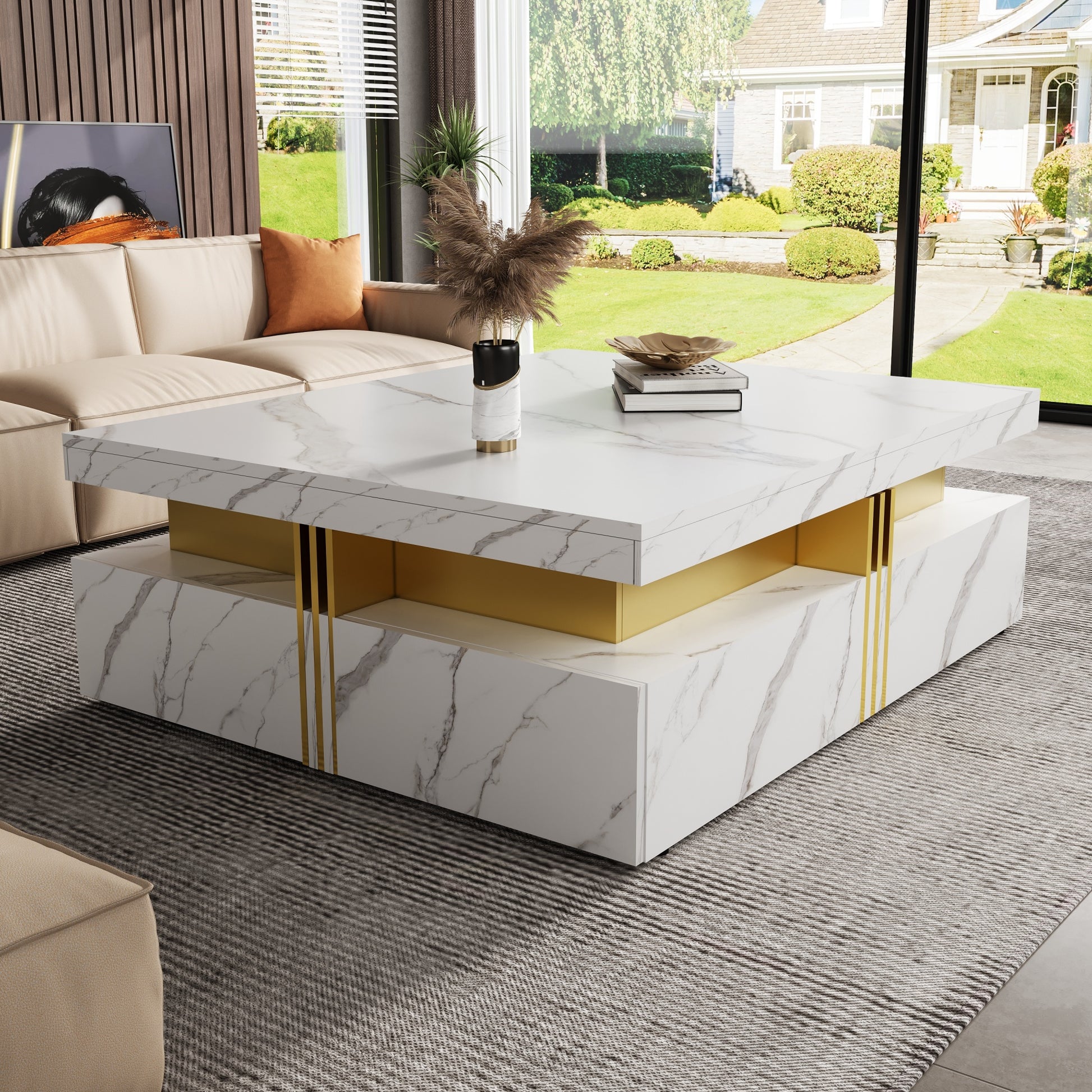 Modern White Square Storage Coffee Table with 4 Drawers image 2