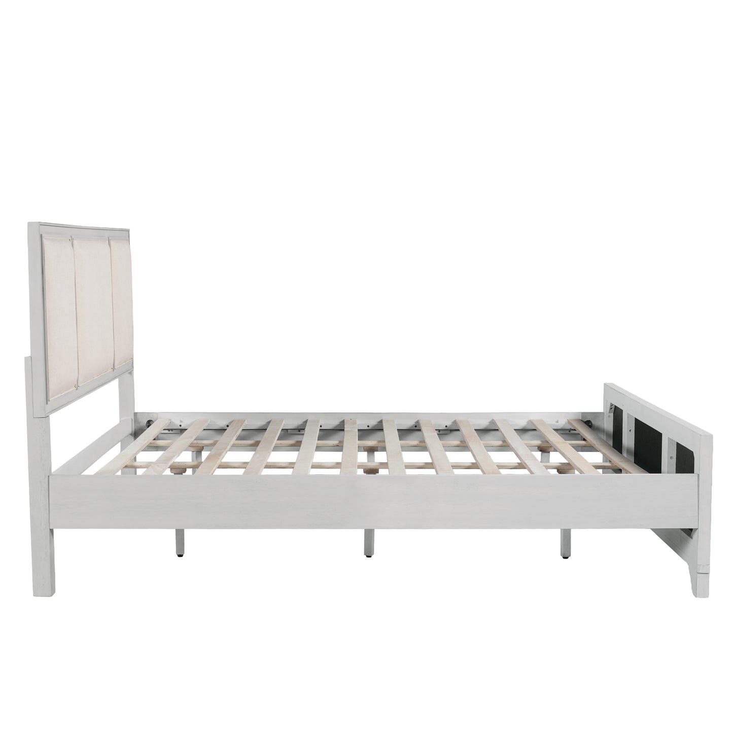 Queen Size Wooden Bed Frame with Upholstered Headboard, White Wood & Beige Fabric, Solid Wood Platform, Modern Farmhouse Style image 9