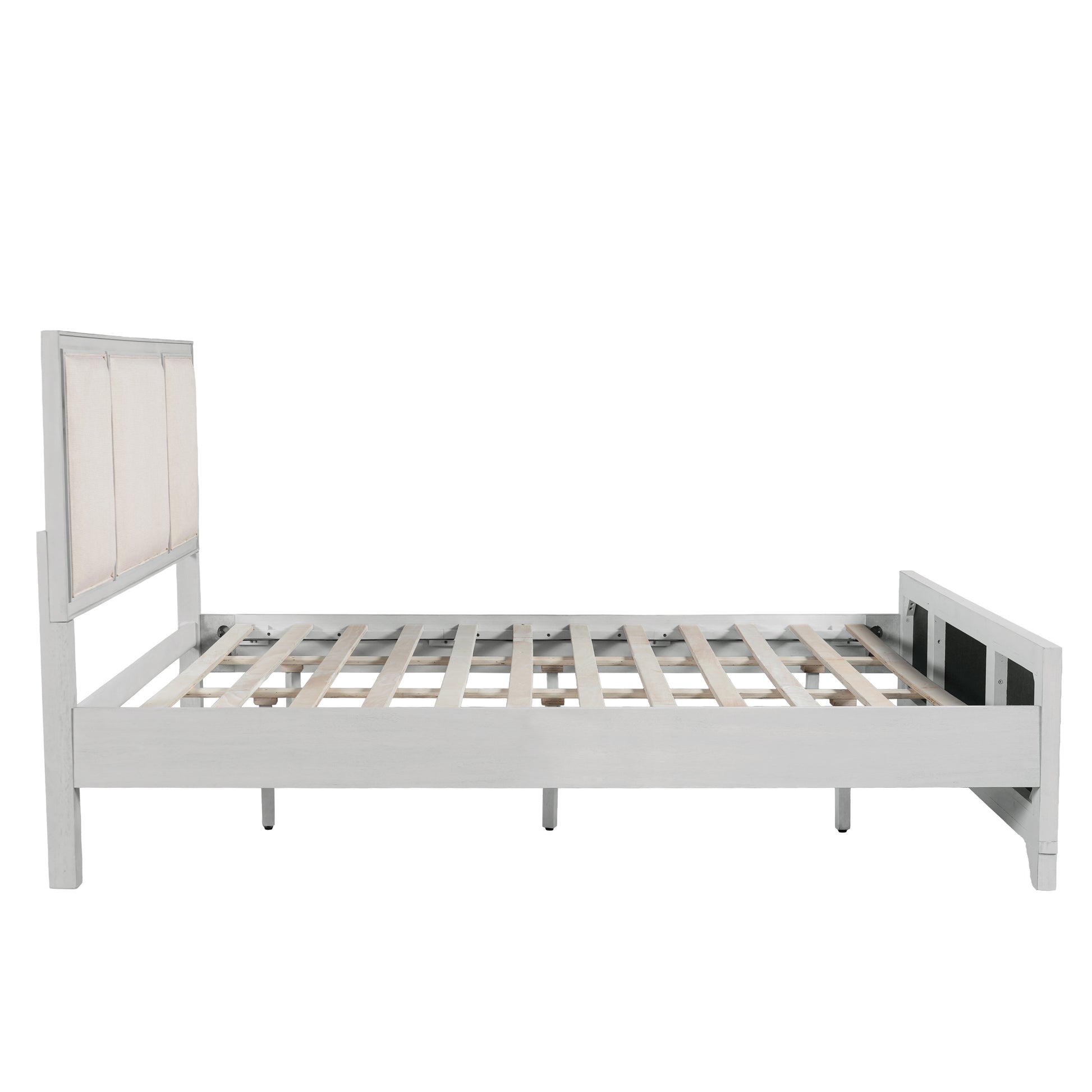 Queen Size Wooden Bed Frame with Upholstered Headboard, White Wood & Beige Fabric, Solid Wood Platform, Modern Farmhouse Style image 9