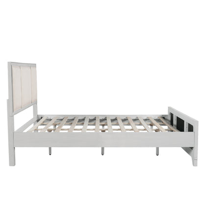 Queen Size Wooden Bed Frame with Upholstered Headboard, White Wood & Beige Fabric, Solid Wood Platform, Modern Farmhouse Style image 9