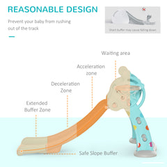 Qaba 2 in 1 Kids Slide with Basketball Hoop, Foldable Toddler Freestanding Slider Playset, for 18 months -4 Years Deer Shaped, Includes Basketball, Pump - Blue