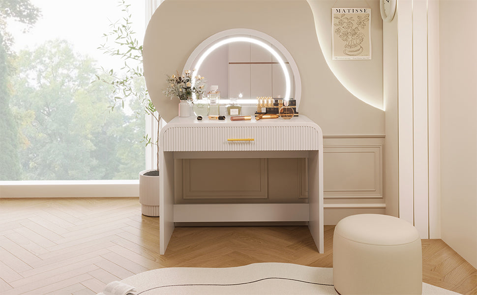 39" Makeup Vanity Table with Mirror Touch Screen Lighted Mirror, Dressing Table with Drawer for Bedroom, White image 8